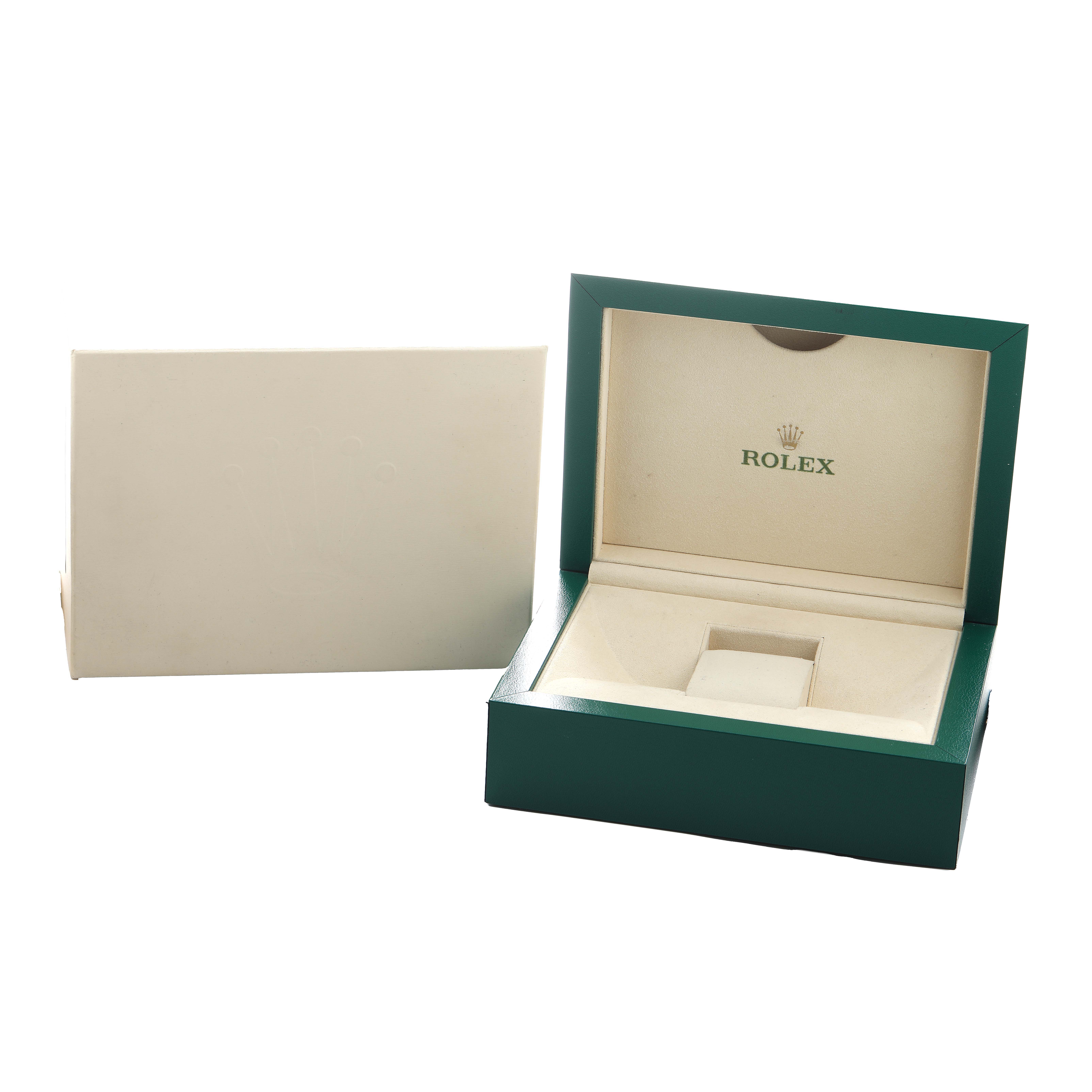 The image shows an open green Rolex GMT-Master 116713 Men's Steel and Gold (two tone) Black Dial watch box and its cream-colored outer protective case, viewed from an angle.