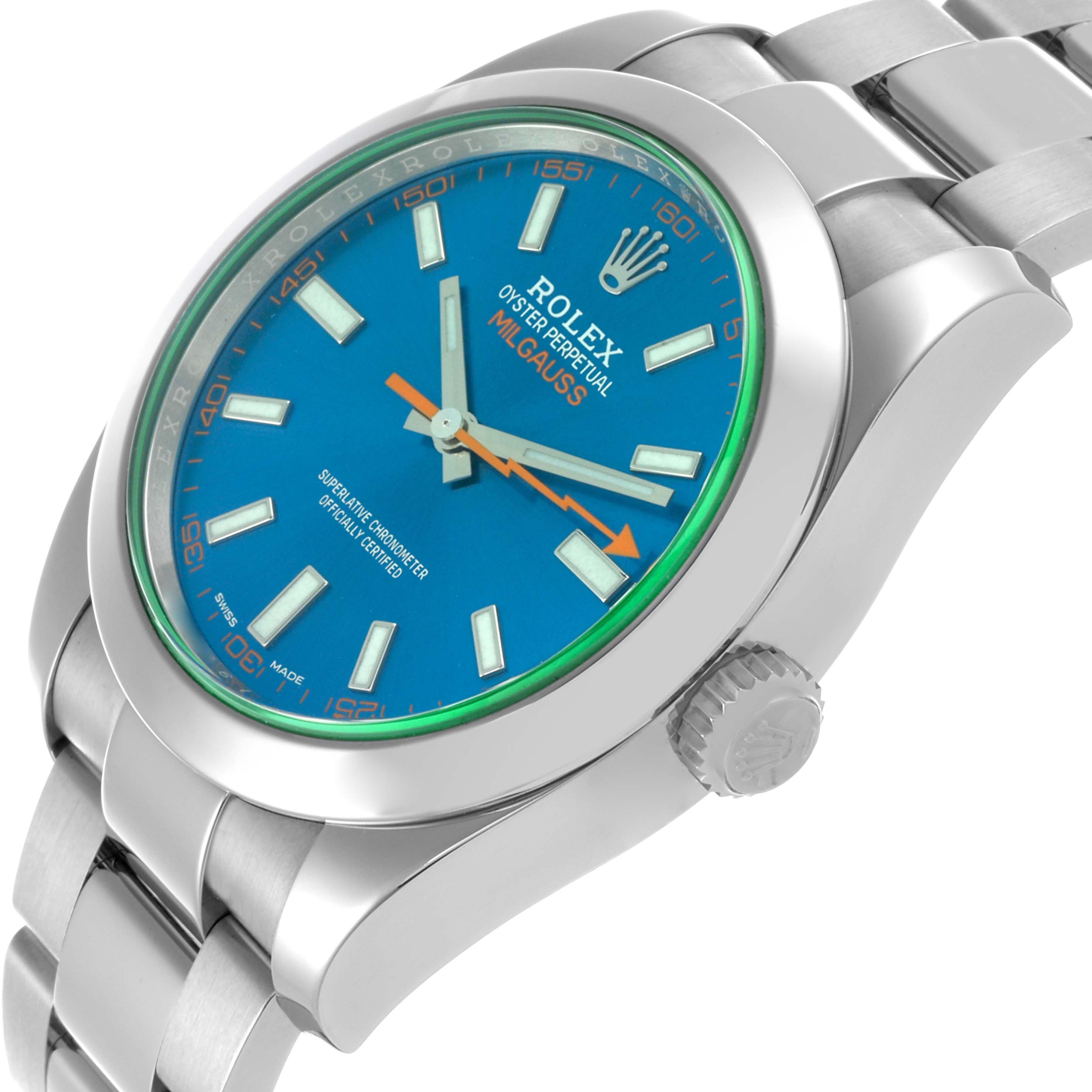 The Rolex Milgauss 116400GV Men's Stainless Steel Blue Dial 116400GV Men's Stainless Steel Blue Dial watch is shown from a side angle, displaying the bezel, case, crown, and part of the bracelet.