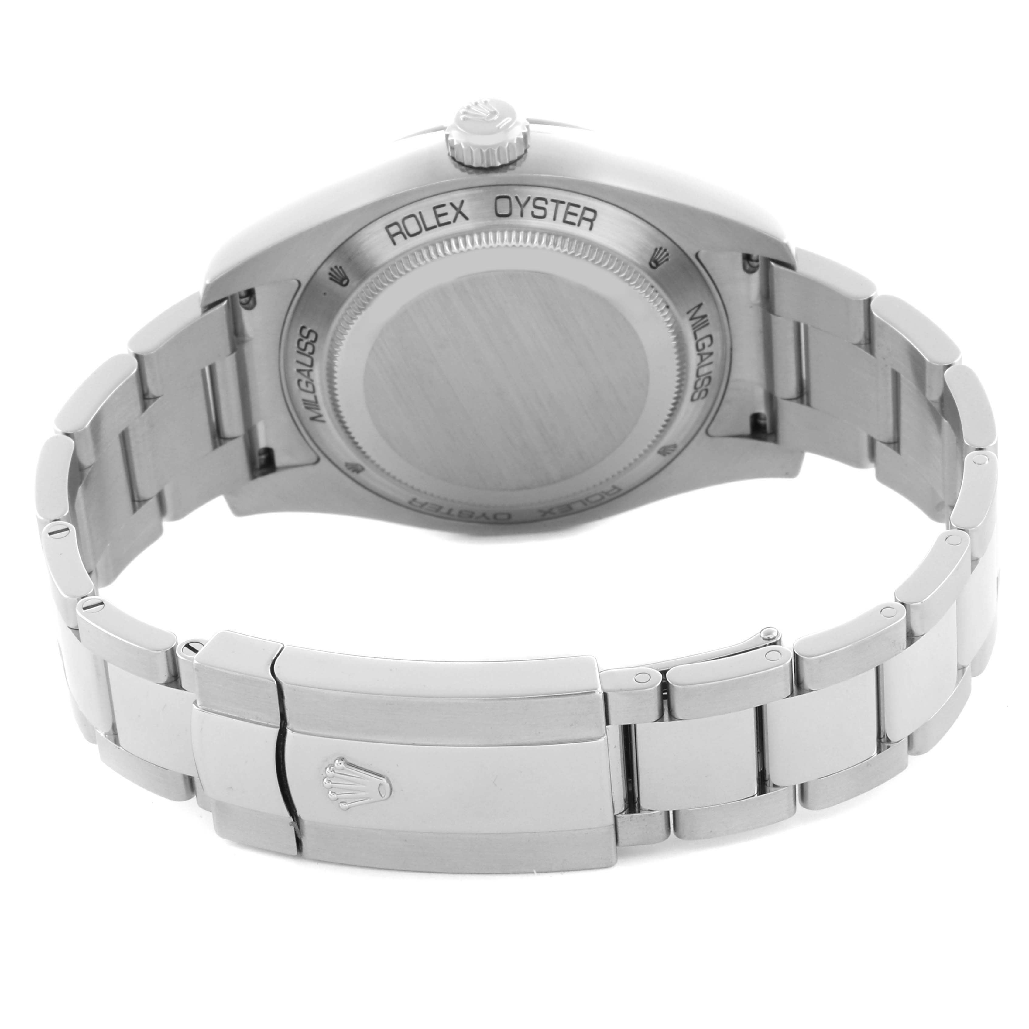 The image shows the back and bracelet of the Rolex Milgauss 116400GV Men's Stainless Steel Blue Dial 116400GV Men's Stainless Steel Blue Dial, highlighting the clasp and case back.