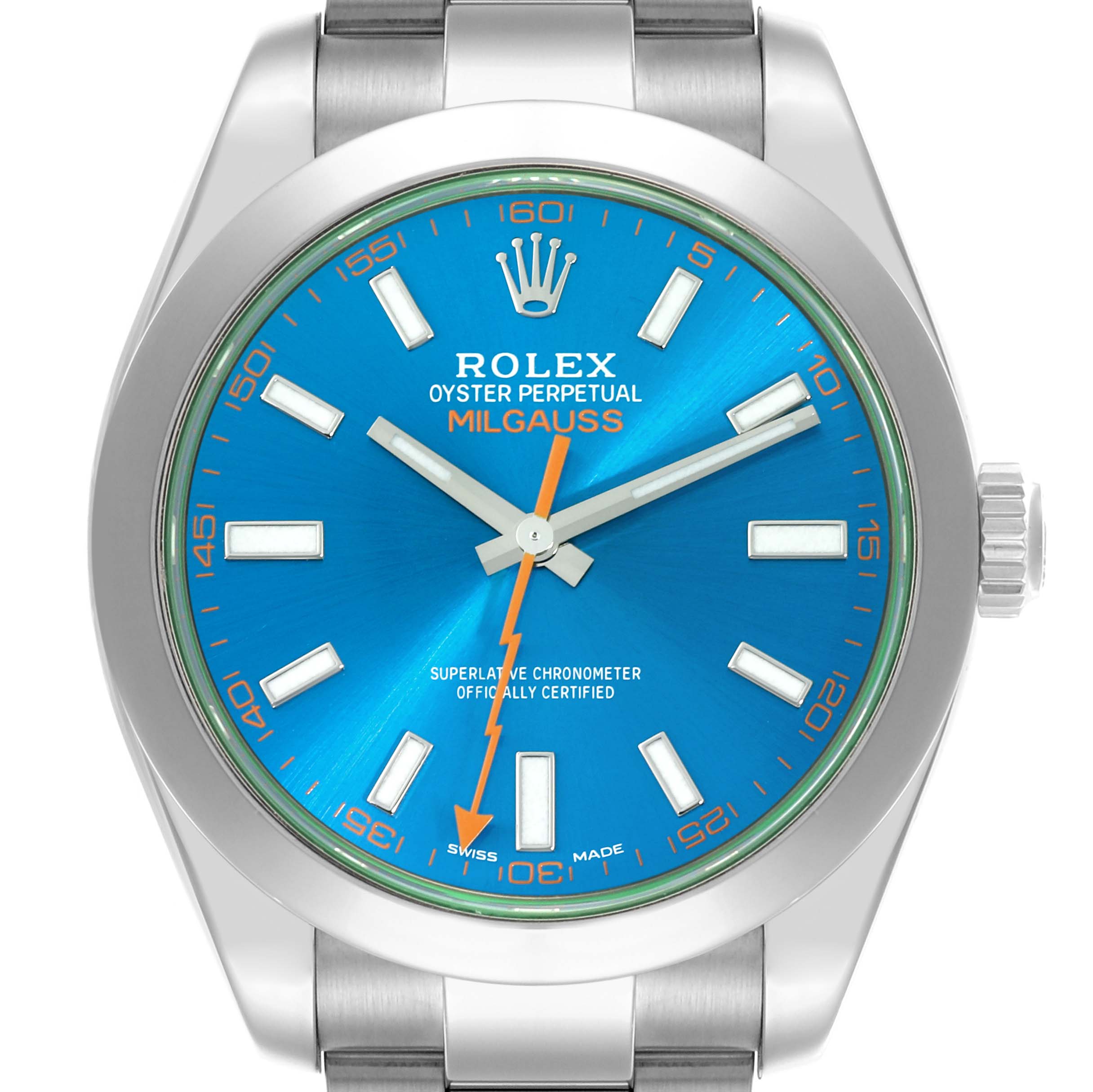 The image shows a frontal view of the Rolex Milgauss 116400GV Men's Stainless Steel Blue Dial 116400GV Men's Stainless Steel Blue Dial watch face, including hands, markers, and crown.