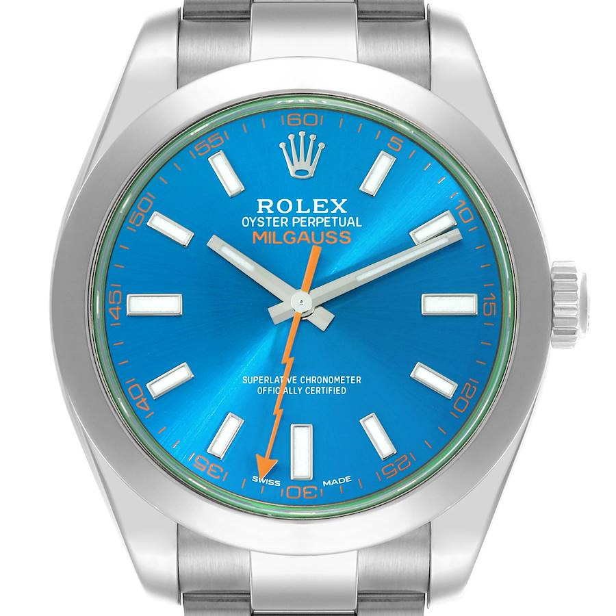 The image shows a frontal view of the Rolex Milgauss watch face, including hands, markers, and crown.