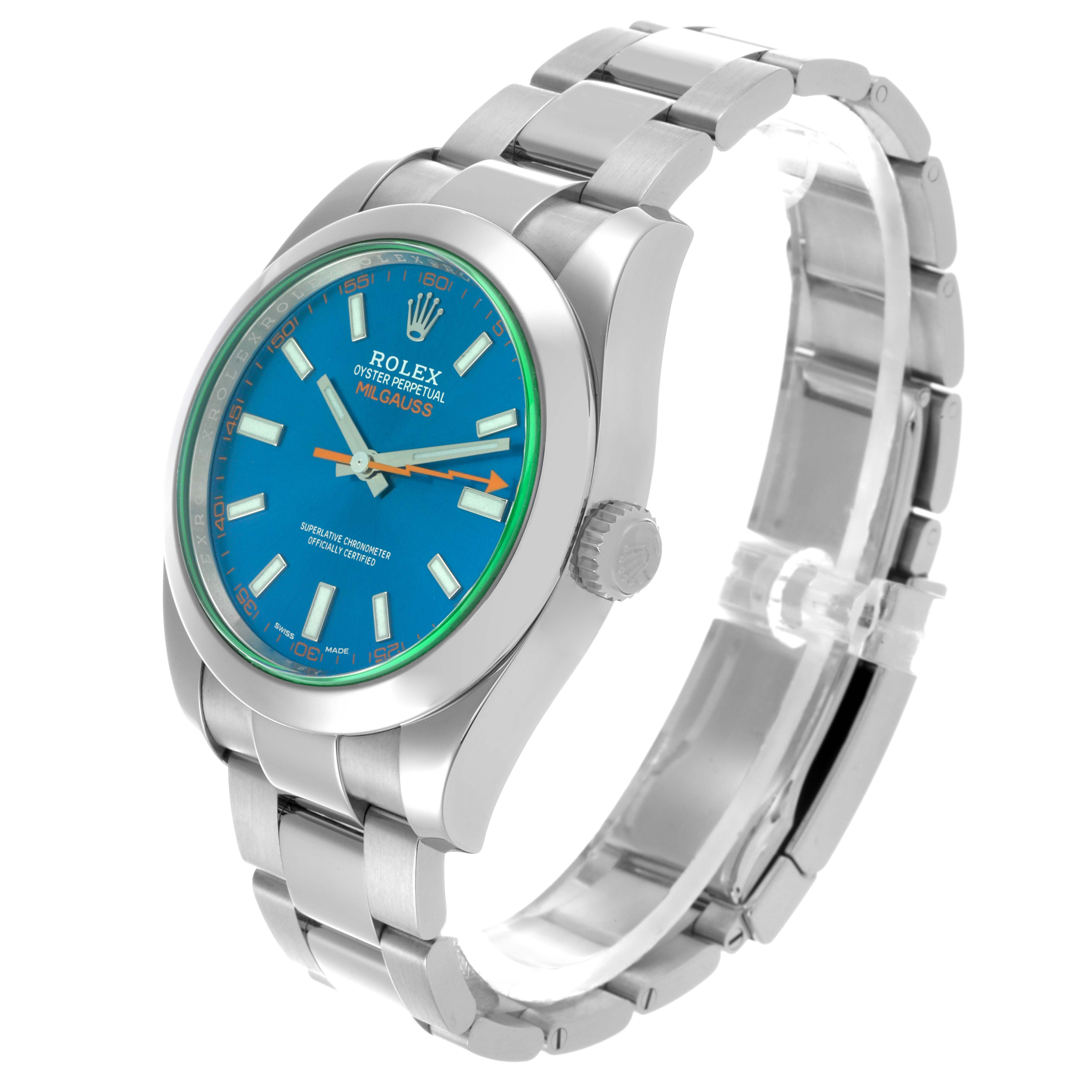 The Rolex Milgauss 116400GV Men's Stainless Steel Blue Dial 116400GV Men's Stainless Steel Blue Dial watch is shown at an angle highlighting the face, bezel, crown, and bracelet.