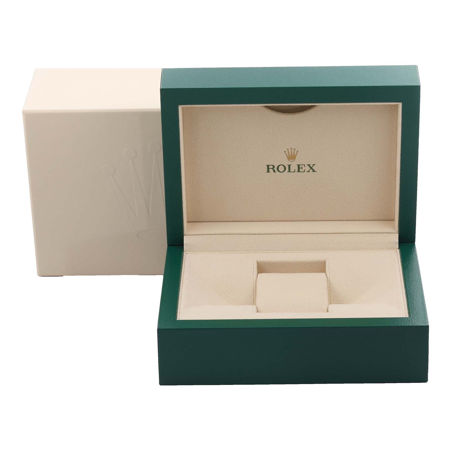 The image shows an open, empty Rolex Milgauss 116400GV Men's Stainless Steel Blue Dial 116400GV Men's Stainless Steel Blue Dial watch box at a slight angle, revealing its interior.