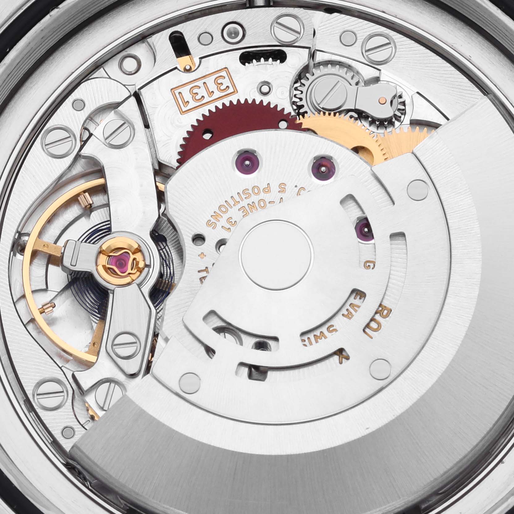 The image shows the detailed movement of a Rolex Milgauss 116400GV Men's Stainless Steel Blue Dial 116400GV Men's Stainless Steel Blue Dial watch from a top-down angle.