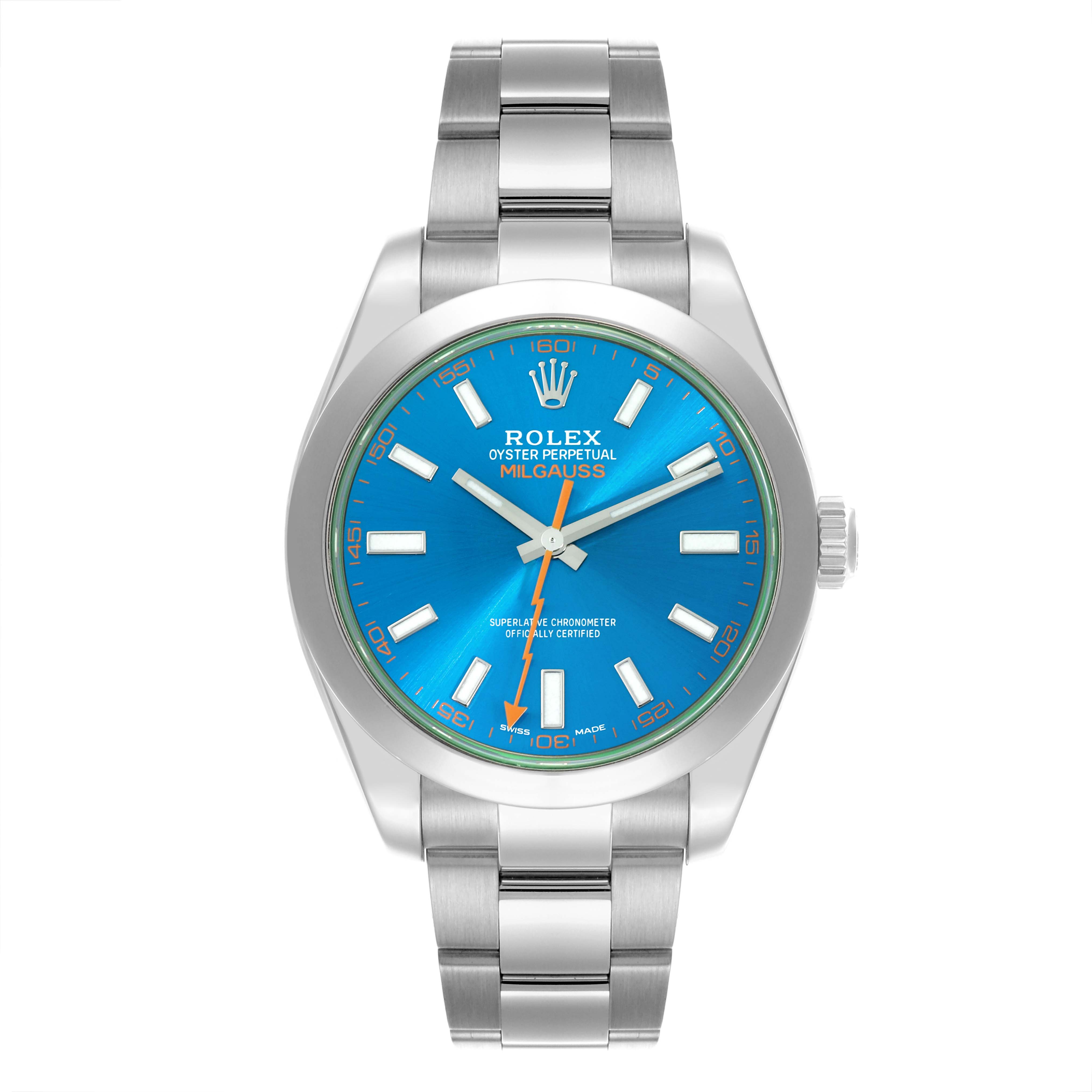 The Rolex Milgauss 116400GV Men's Stainless Steel Blue Dial 116400GV Men's Stainless Steel Blue Dial watch is shown from the front, displaying the dial, case, bracelet, and crown.