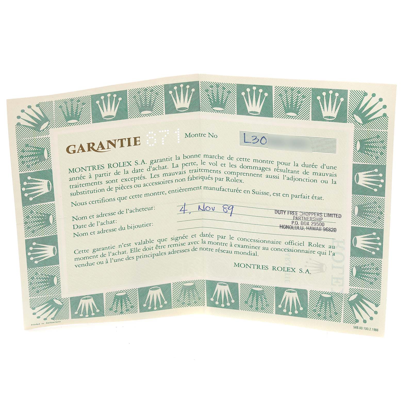 This image depicts a warranty certificate for the Oyster Perpetual model by Rolex, showing purchase details and dealer information.