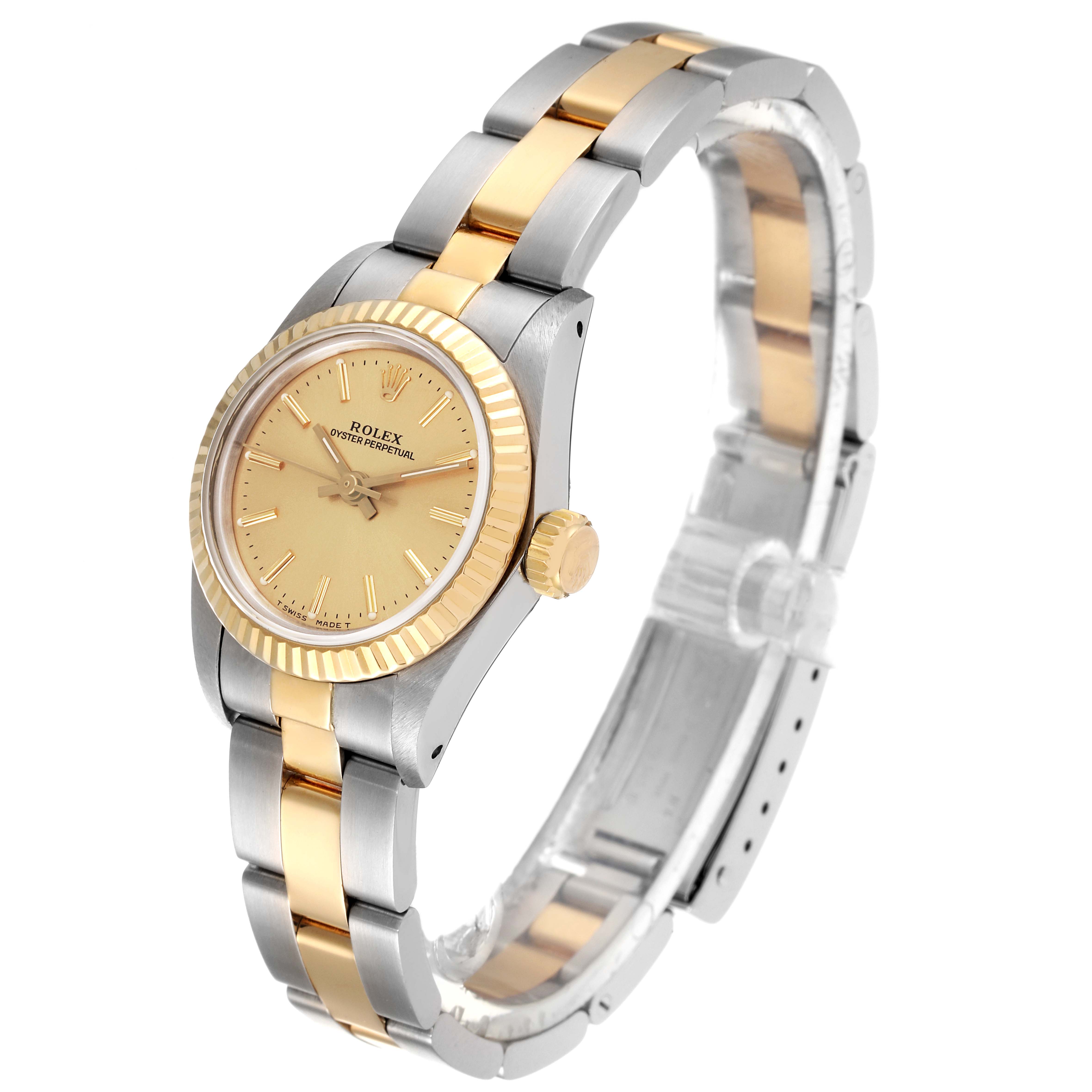 The image shows a Rolex Oyster Perpetual 67193 Women's Steel and Gold (two tone) Champagne Dial 67193 Women's Steel and Gold (two tone) Champagne Dial watch at a slight angle, highlighting the dial, bezel, and bracelet.
