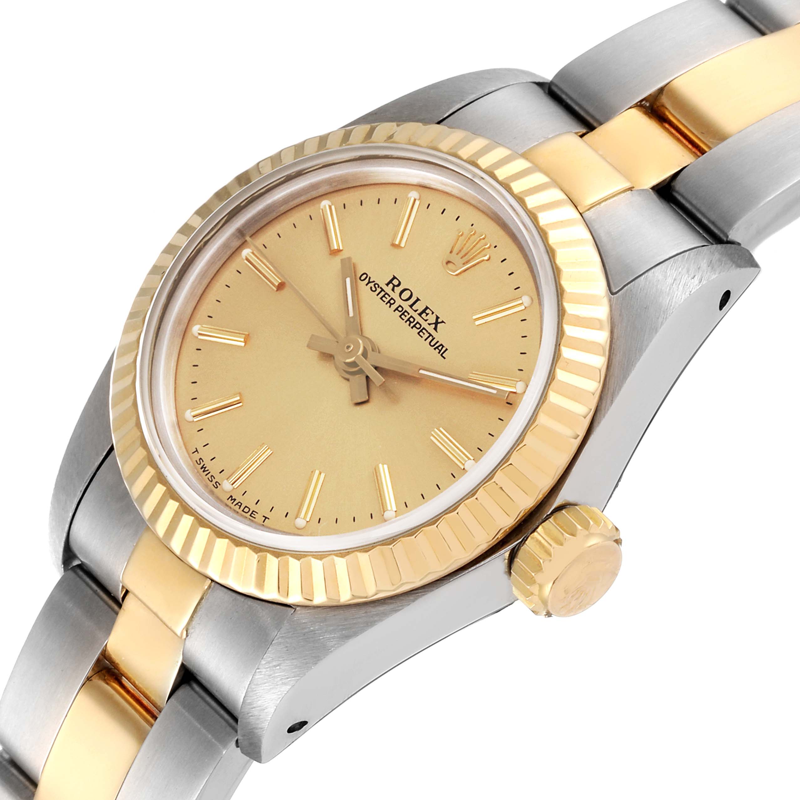The image shows a close-up angle of a Rolex Oyster Perpetual 67193 Women's Steel and Gold (two tone) Champagne Dial 67193 Women's Steel and Gold (two tone) Champagne Dial watch, highlighting the dial, bezel, and part of the bracelet.