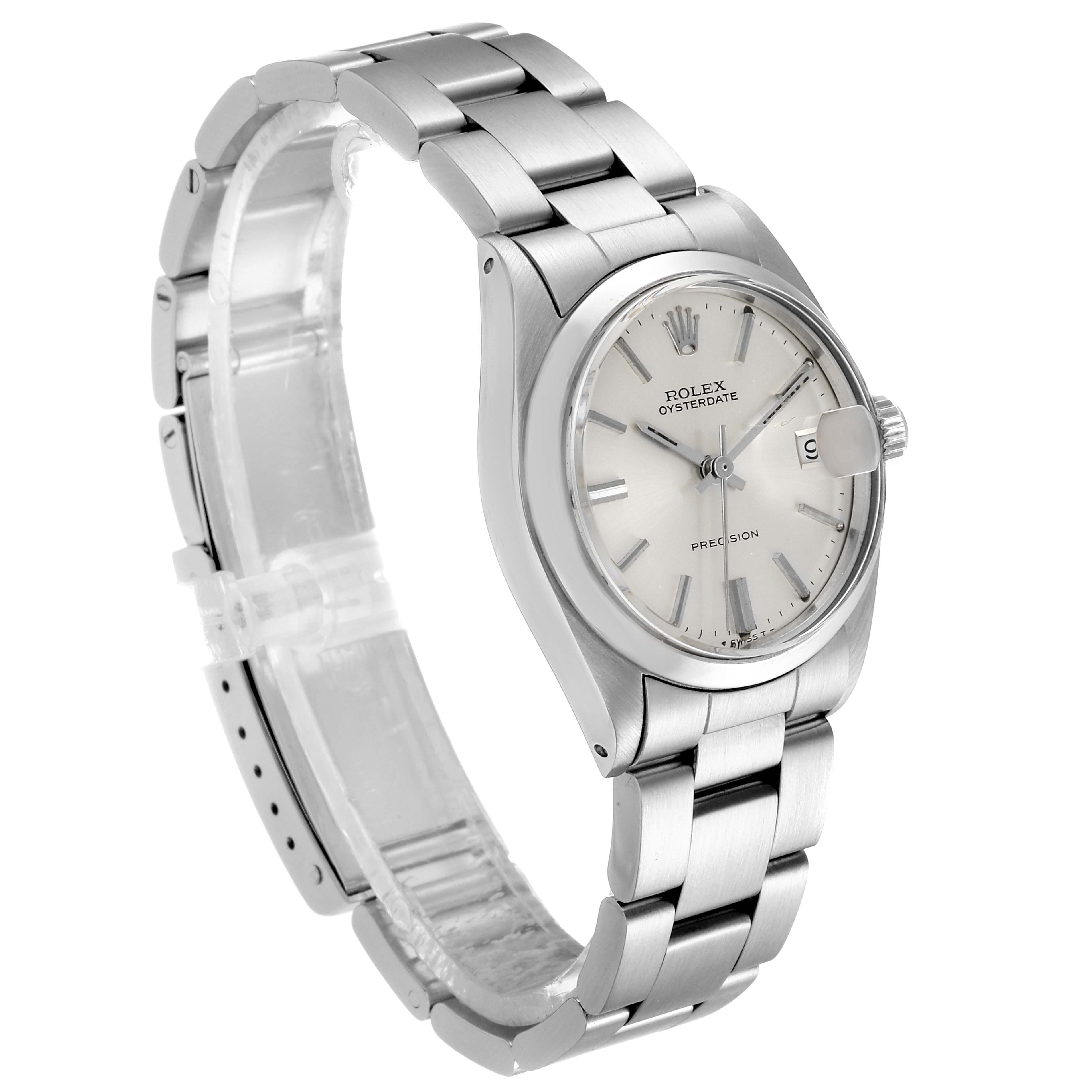 The image shows a side angle of the Rolex Vintage Collection 6466 Men's Stainless Steel Silver Dial 6466 Men's Stainless Steel Silver Dial watch, showcasing its face, bracelet, and clasp.