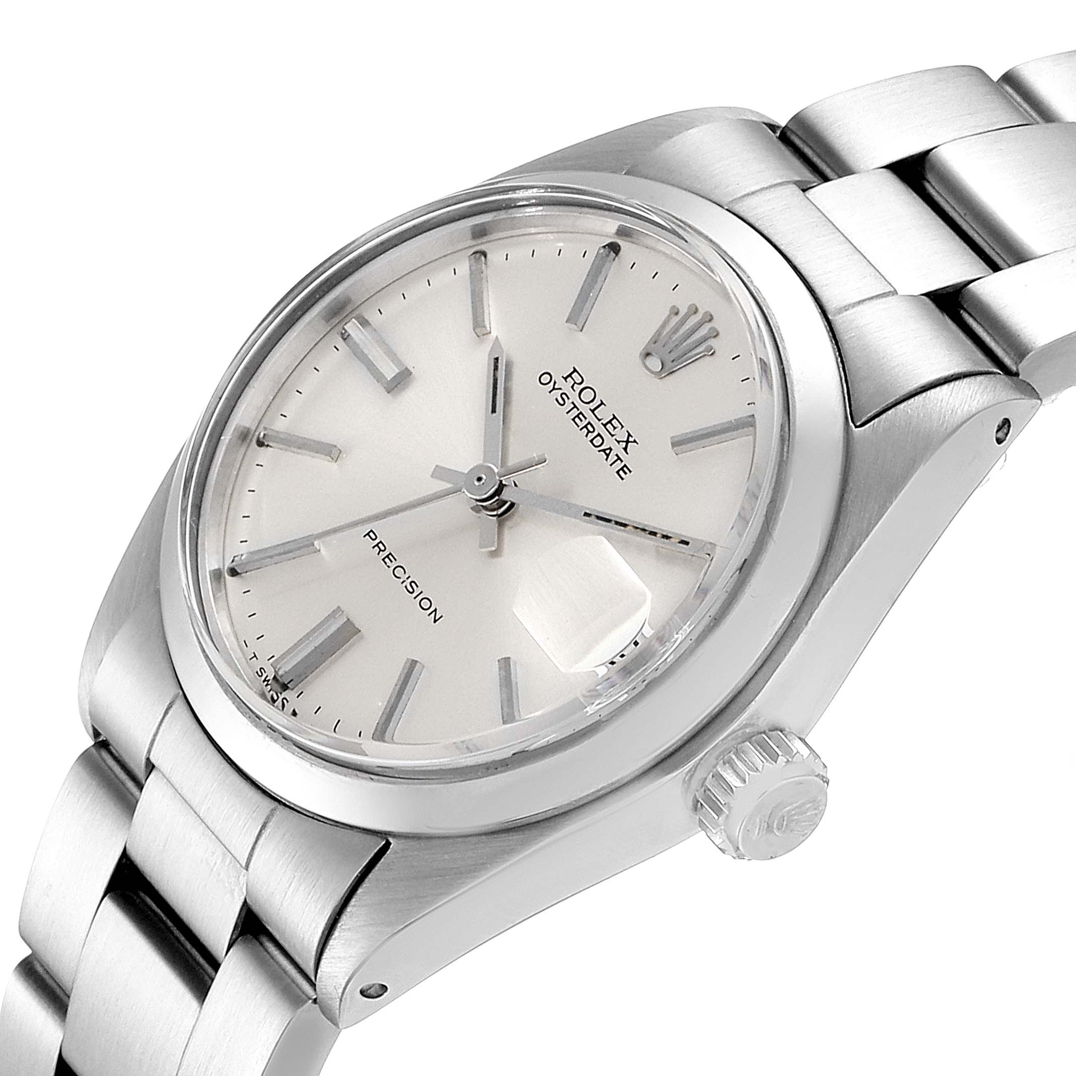 The image shows a side angle of the Rolex Vintage Collection 6466 Men's Stainless Steel Silver Dial 6466 Men's Stainless Steel Silver Dial Oysterdate watch, highlighting the face, crown, and part of the bracelet.