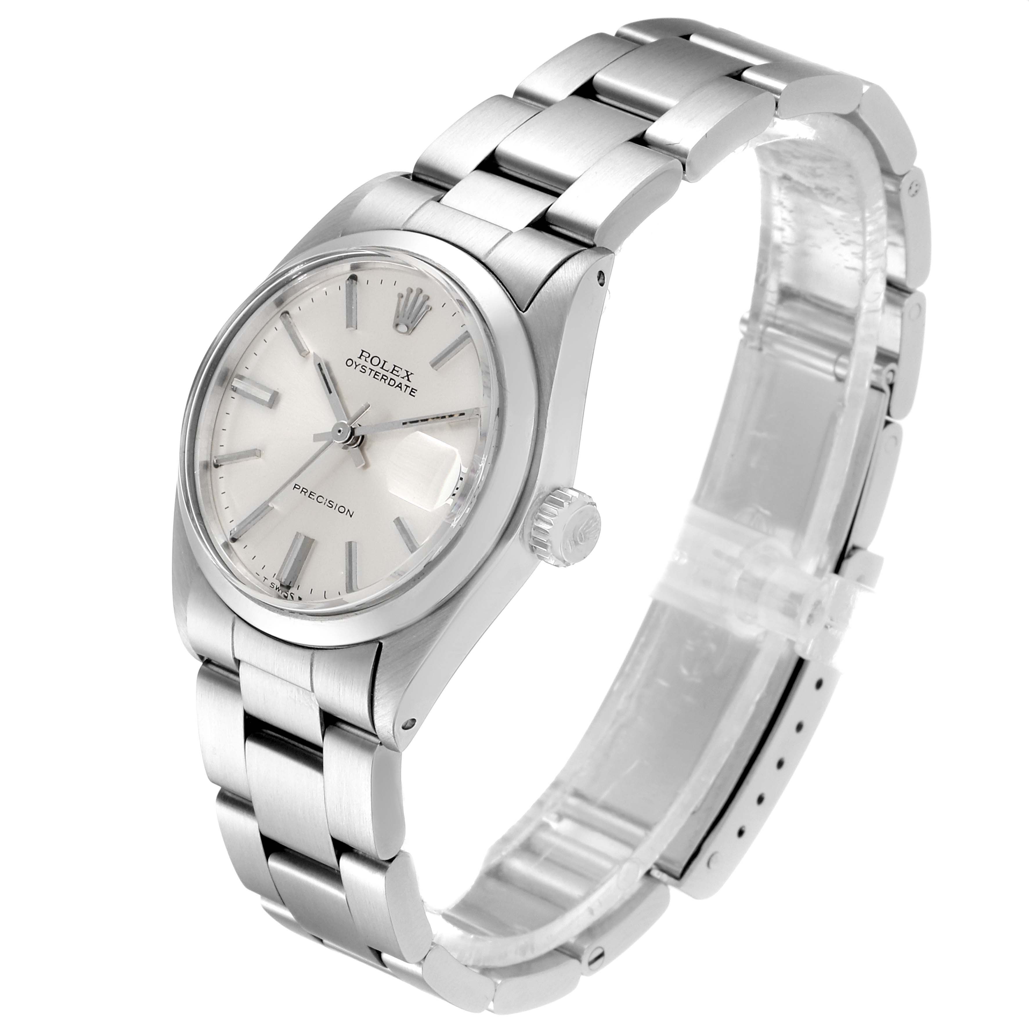 The image shows a Rolex Vintage Collection 6466 Men's Stainless Steel Silver Dial 6466 Men's Stainless Steel Silver Dial Oysterdate watch from a slightly angled side view, highlighting the face, bezel, and bracelet.