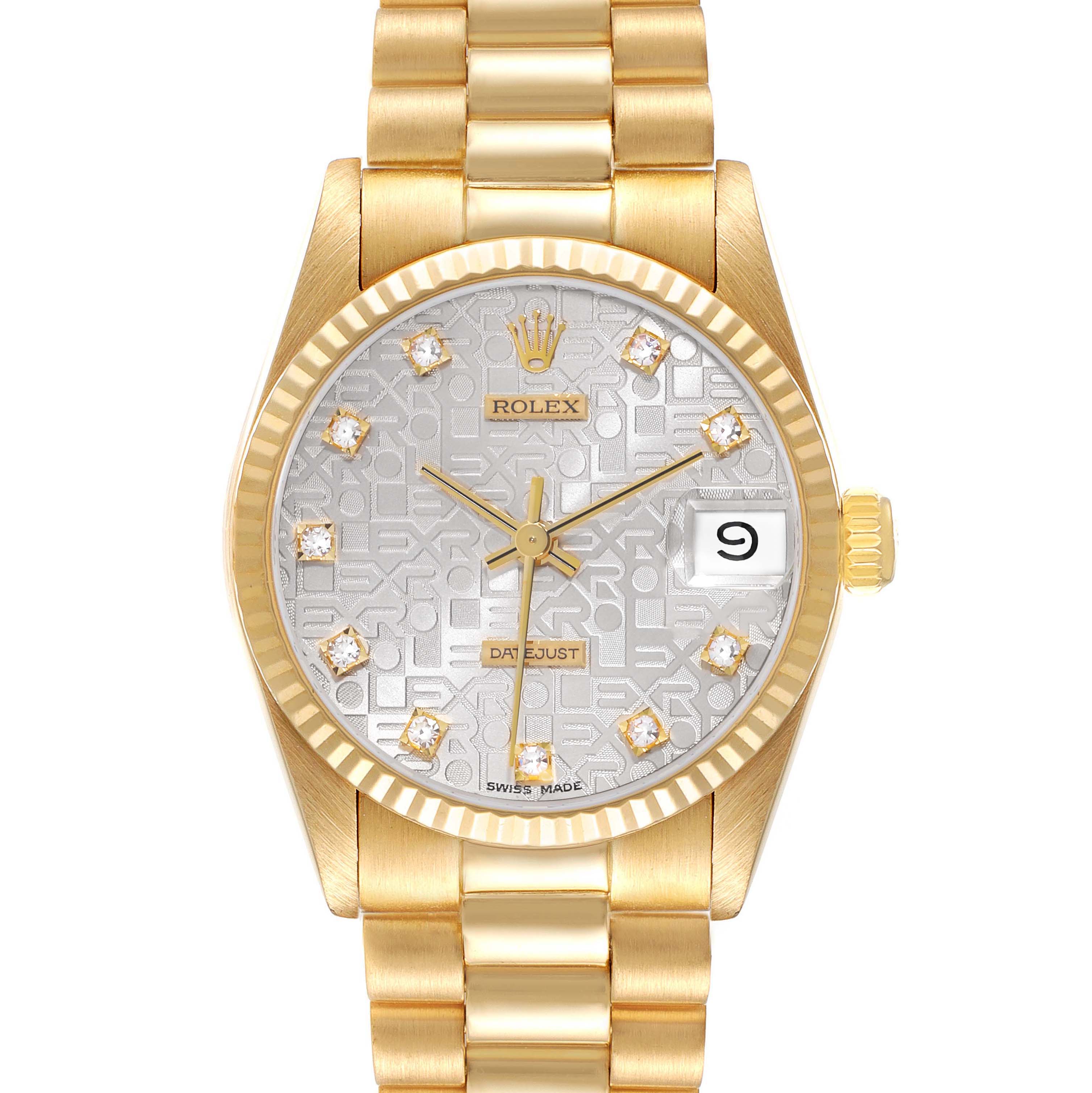 The Rolex President 68278 Women's Yellow Gold Silver Dial 68278 Women's Yellow Gold Silver Dial model watch is shown from a front angle, displaying the dial, bezel, and part of the bracelet.