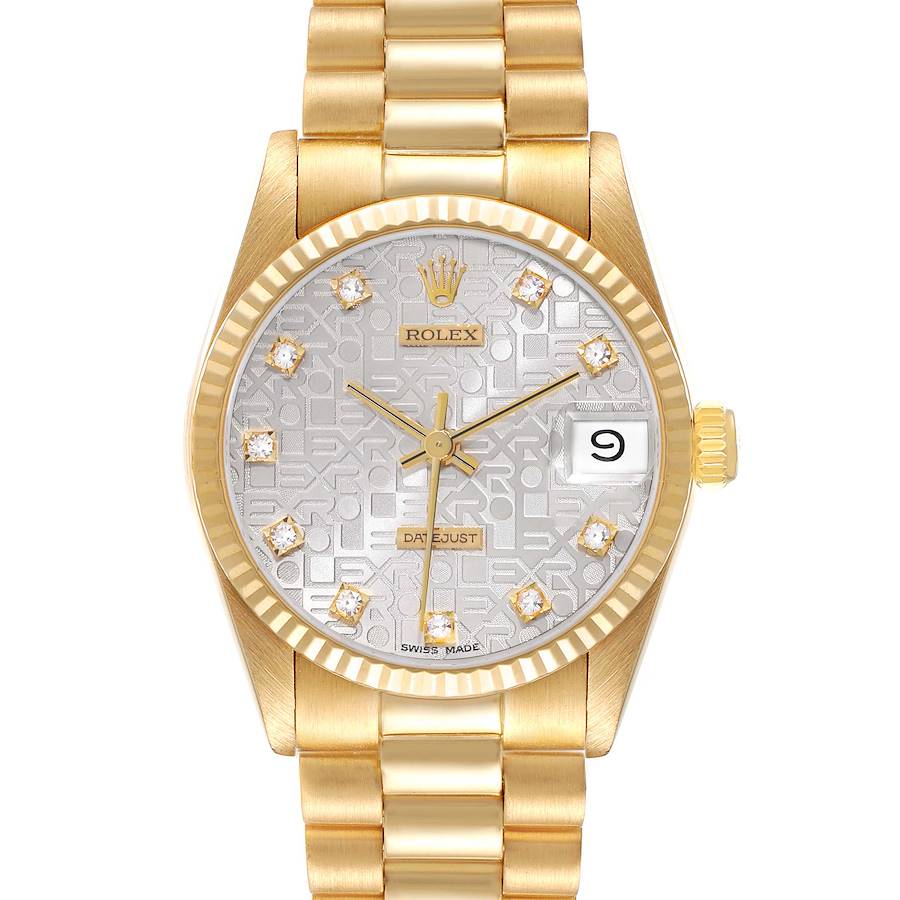 The Rolex President model watch is shown from a front angle, displaying the dial, bezel, and part of the bracelet.