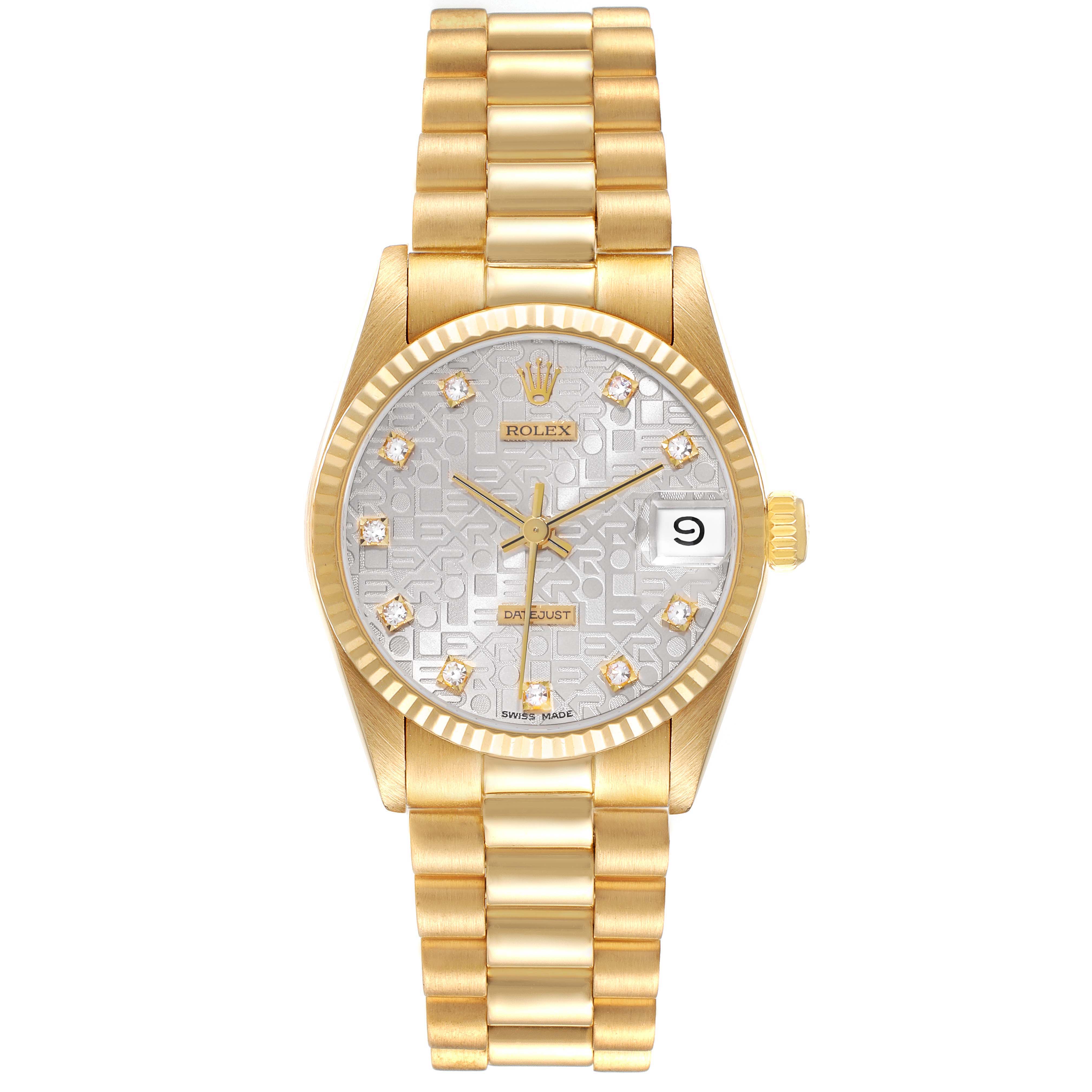The Rolex President 68278 Women's Yellow Gold Silver Dial 68278 Women's Yellow Gold Silver Dial model watch is shown from the front, displaying the full face, bracelet, and crown.