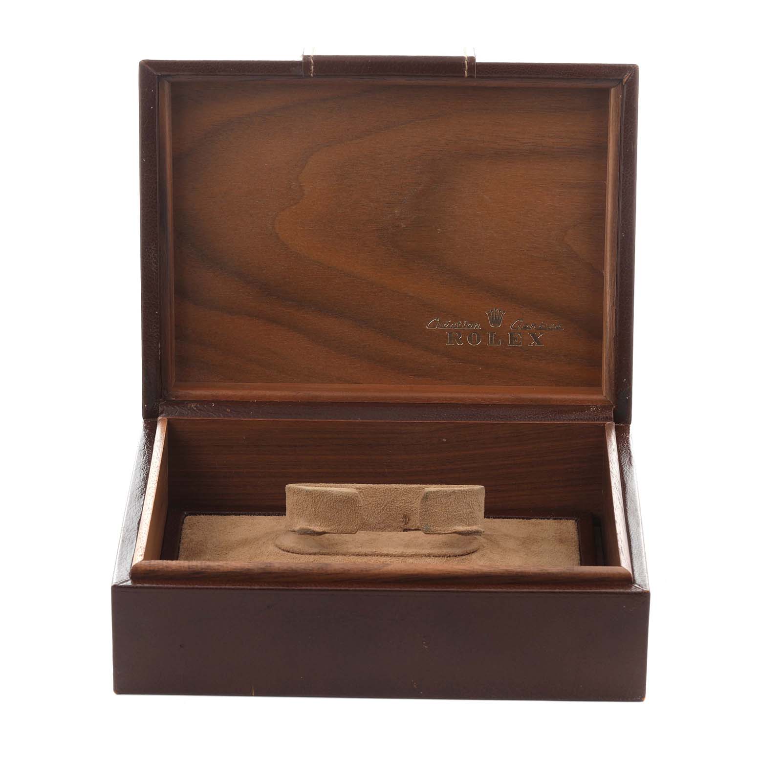 The image shows an open wooden box for the Rolex President 68278 Women's Yellow Gold Silver Dial 68278 Women's Yellow Gold Silver Dial model, displaying the inner velvet watch holder.