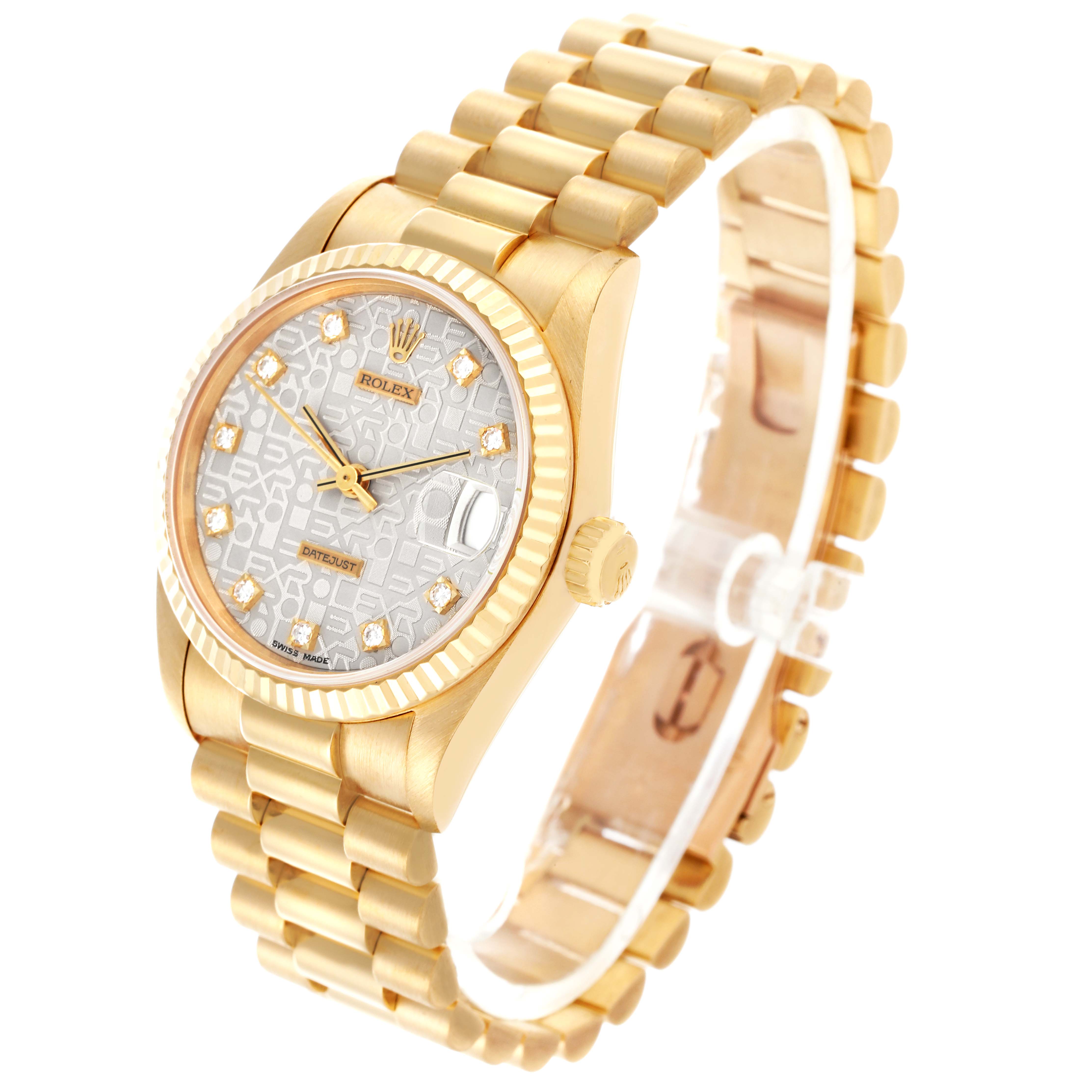 The Rolex President 68278 Women's Yellow Gold Silver Dial 68278 Women's Yellow Gold Silver Dial watch is shown at an angled view, highlighting its bezel, dial, crown, and bracelet.