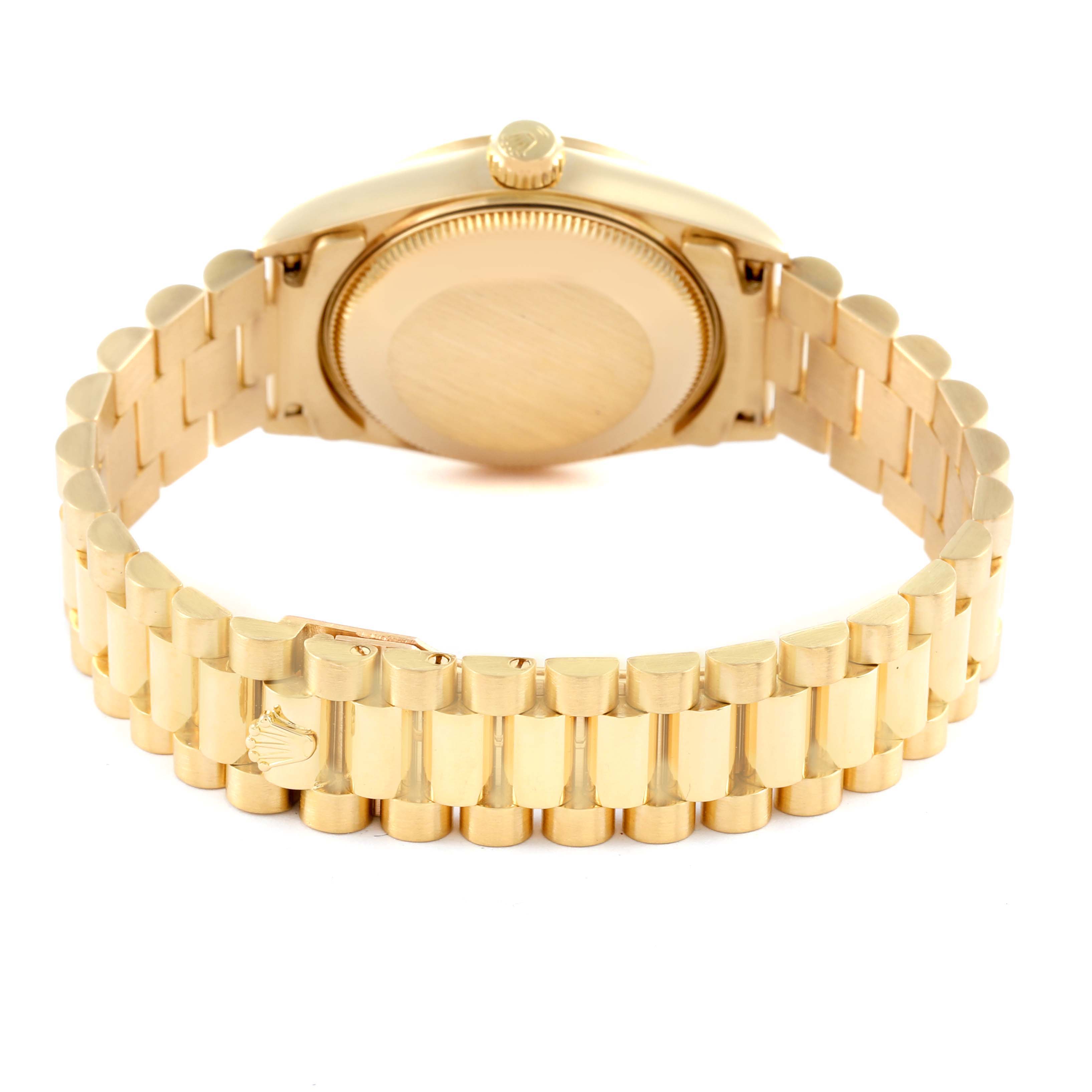 The image shows the back and clasp of the Rolex President 68278 Women's Yellow Gold Silver Dial 68278 Women's Yellow Gold Silver Dial model watch, highlighting its bracelet and case back.