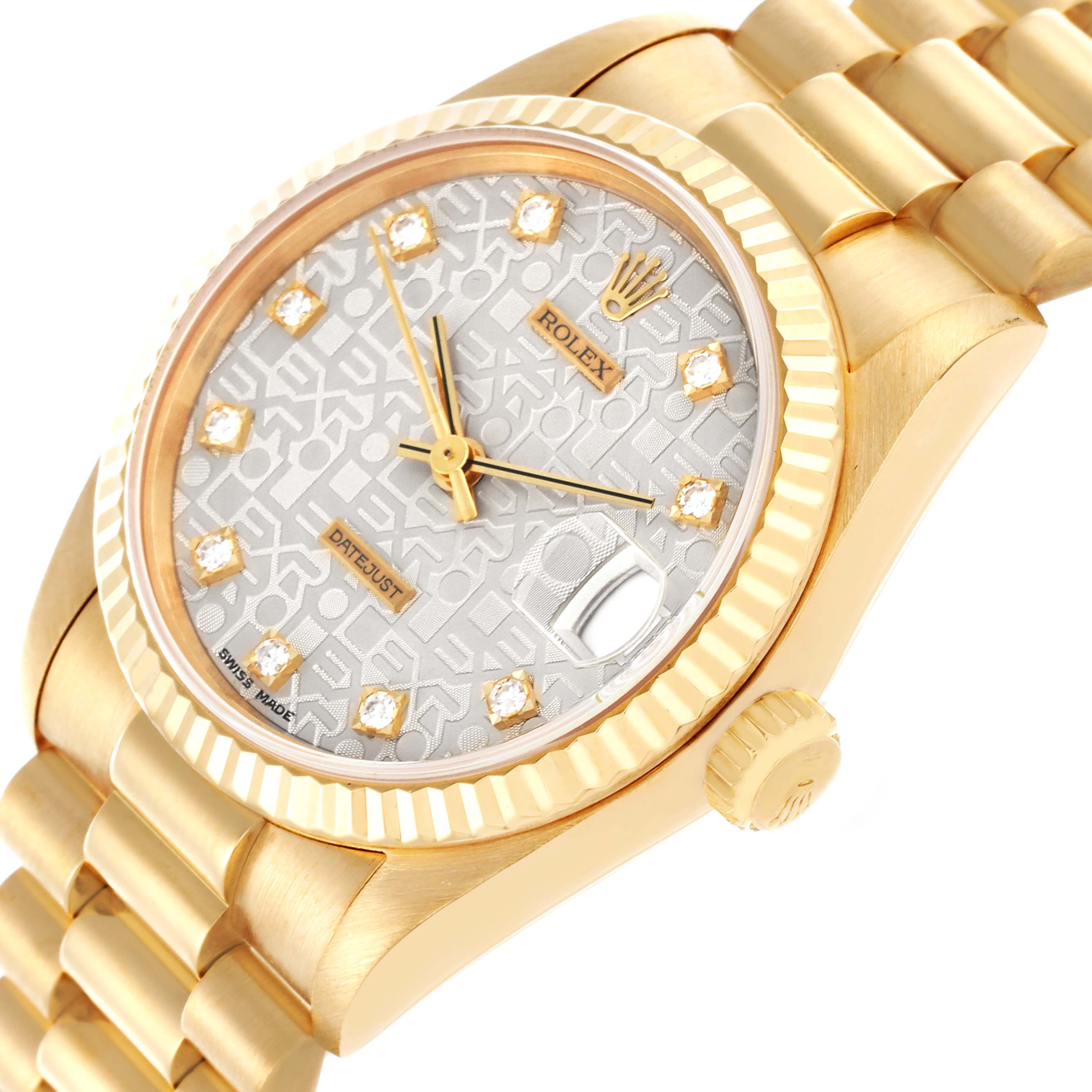 The image shows a Rolex President 68278 Women's Yellow Gold Silver Dial 68278 Women's Yellow Gold Silver Dial watch at an angled close-up, highlighting its face, bezel, crown, and part of the bracelet.