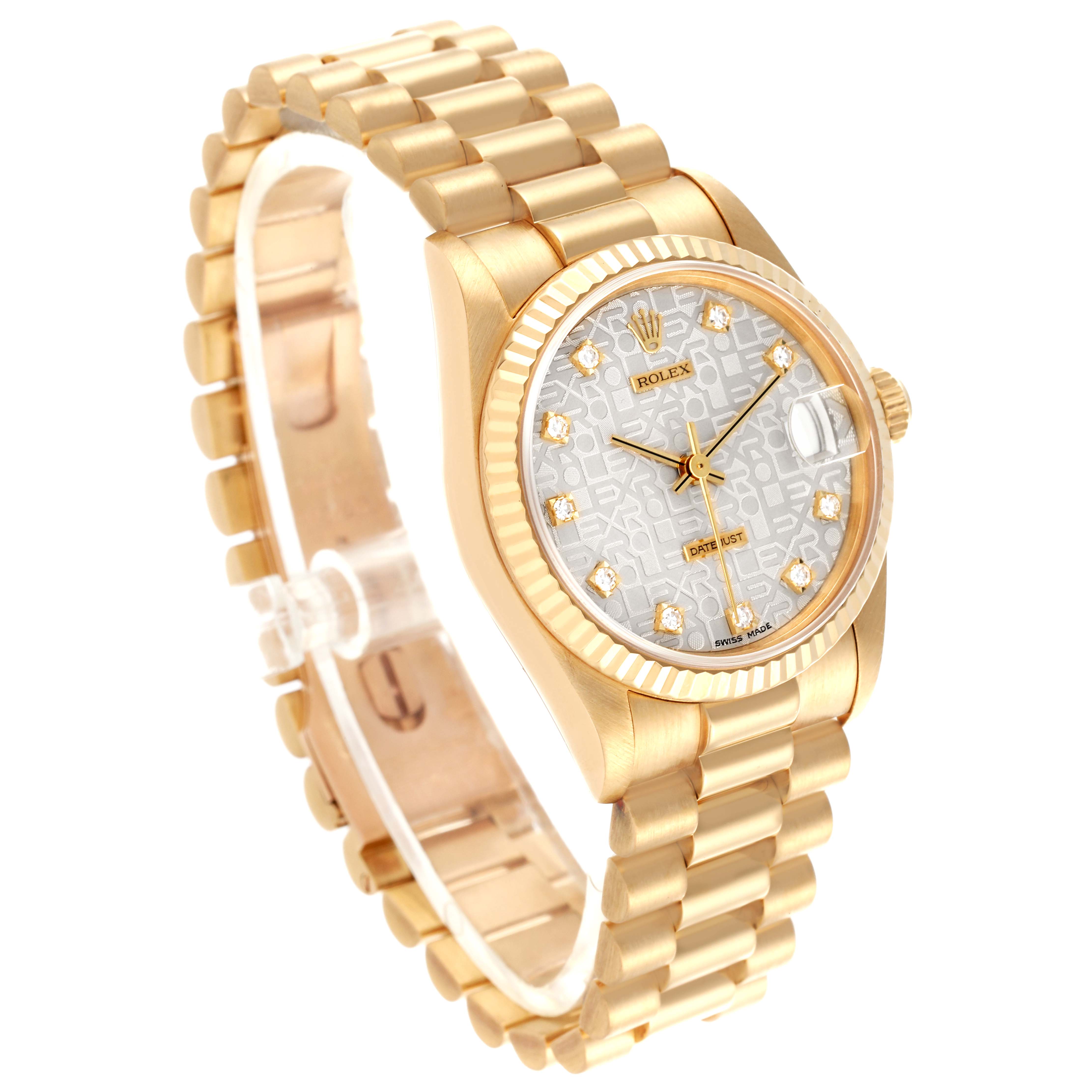 This image shows the Rolex President 68278 Women's Yellow Gold Silver Dial 68278 Women's Yellow Gold Silver Dial watch at a three-quarter angle, highlighting the dial, bezel, and bracelet.