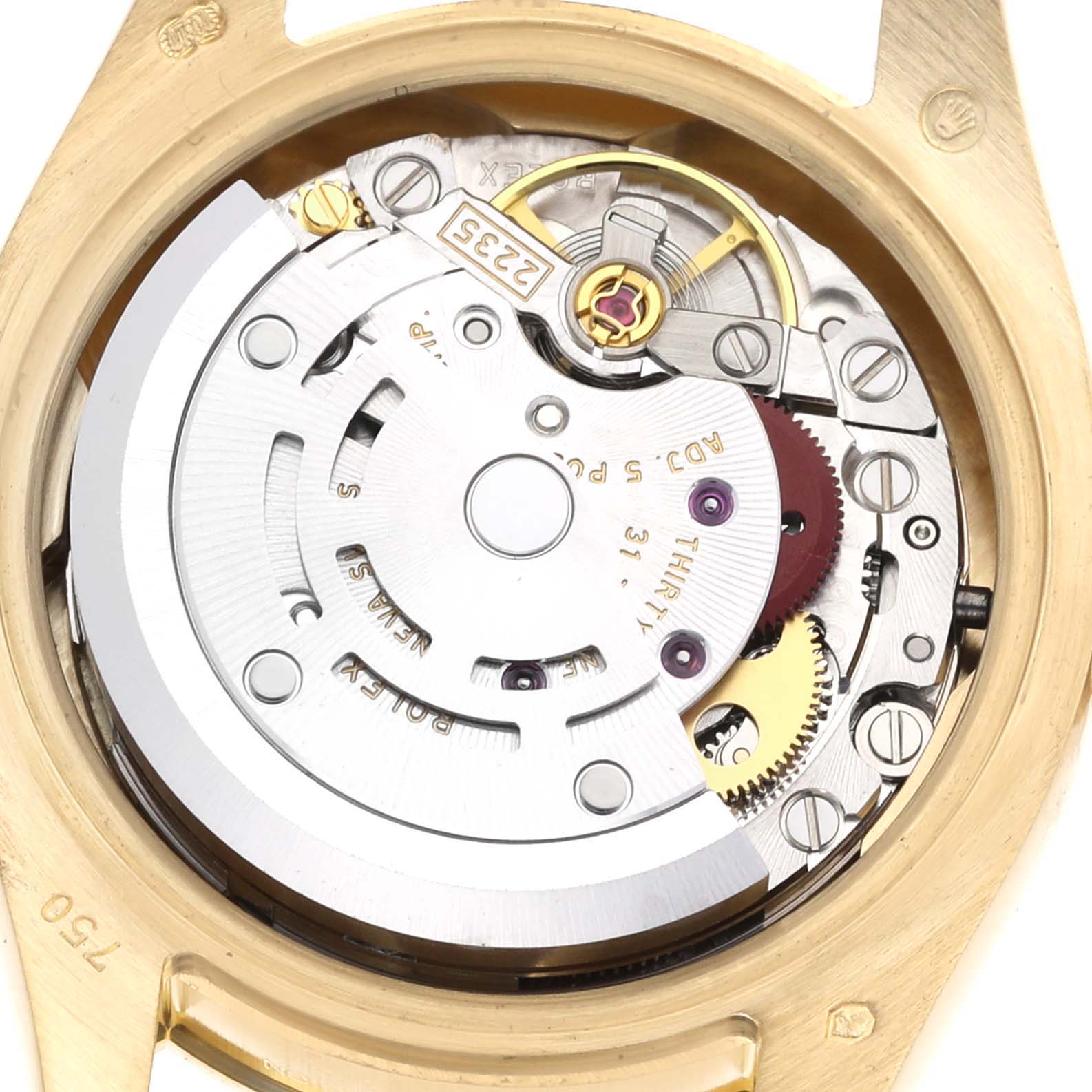This image shows the movement mechanism of a Rolex President 179138 Women's Yellow Gold Champagne Dial 179138 Women's Yellow Gold Champagne Dial watch from a top-down angle.