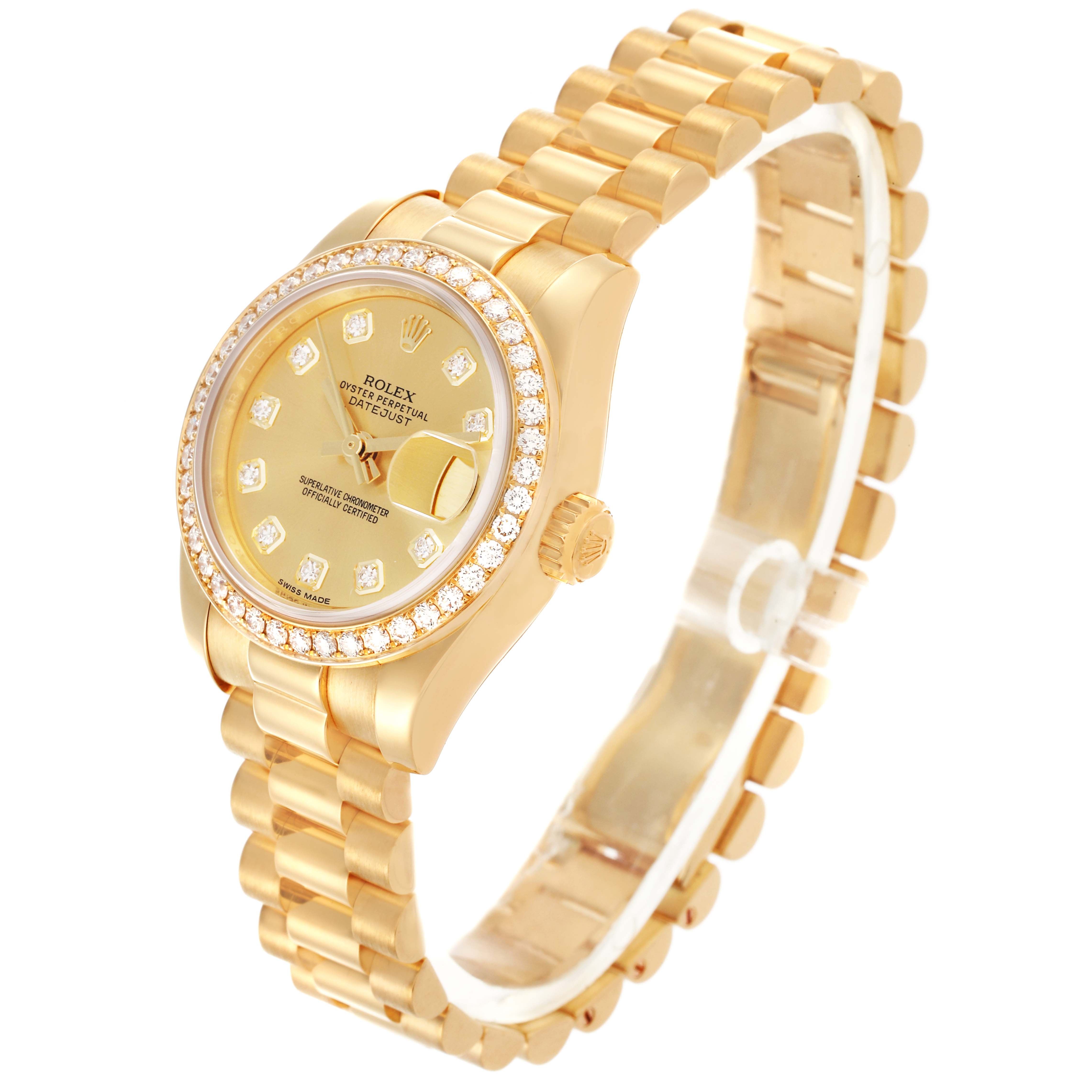 The Rolex President 179138 Women's Yellow Gold Champagne Dial 179138 Women's Yellow Gold Champagne Dial model is shown at an angled view, highlighting the gold case, diamond bezel, and bracelet.