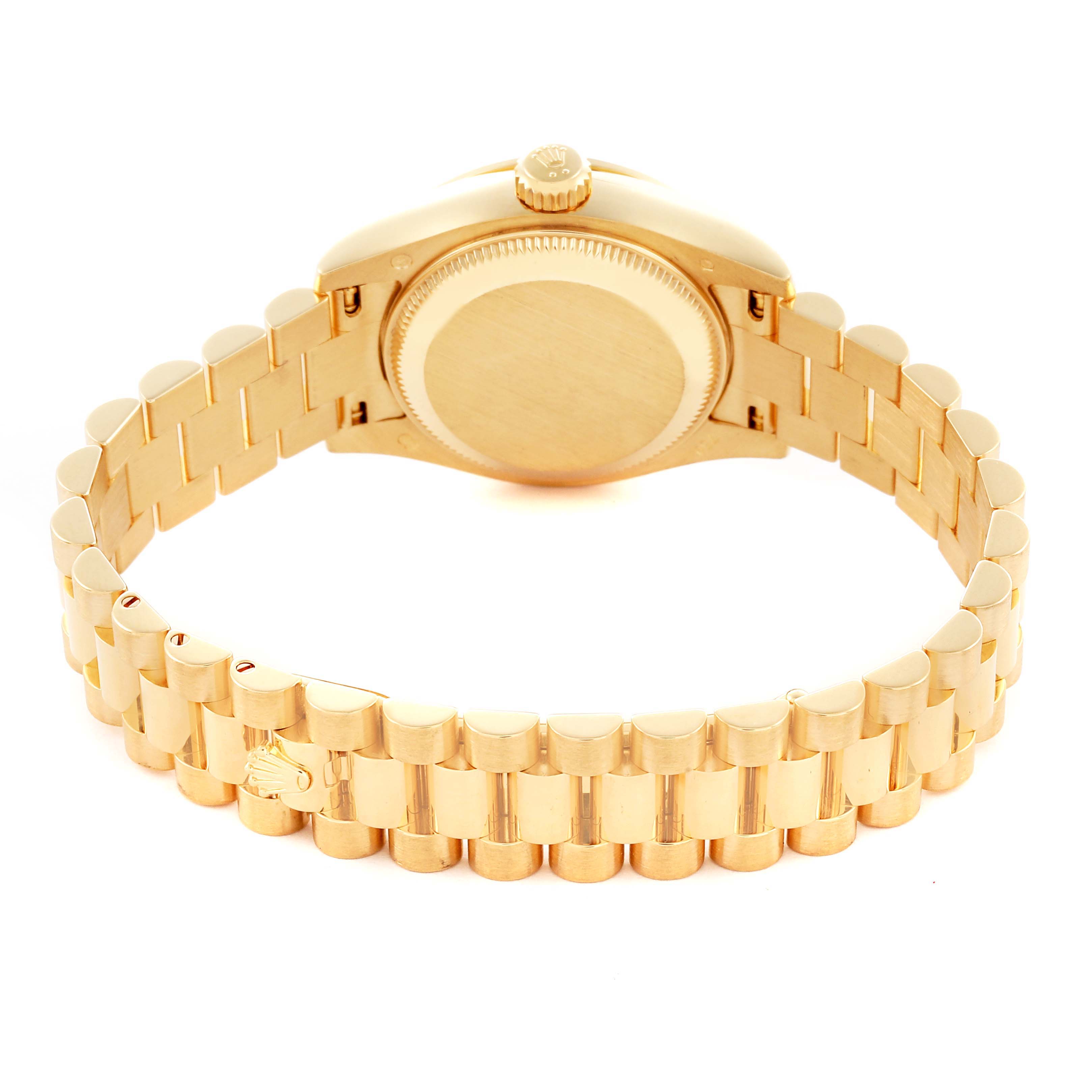 The Rolex President 179138 Women's Yellow Gold Champagne Dial 179138 Women's Yellow Gold Champagne Dial watch is shown from the back, highlighting the bracelet and case back.