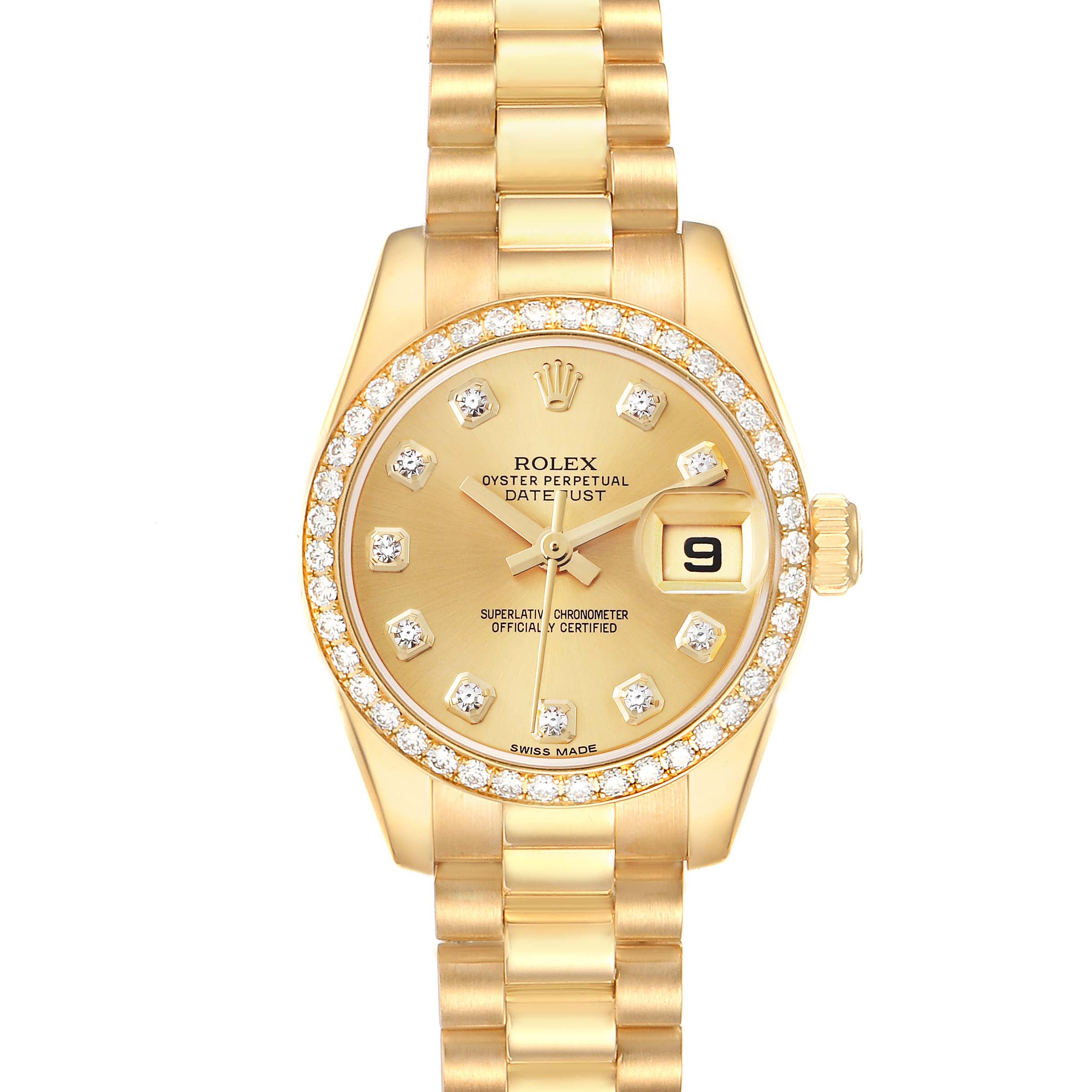 The Rolex President 179138 Women's Yellow Gold Champagne Dial 179138 Women's Yellow Gold Champagne Dial model is shown from a top view, displaying the face, bezel, dial, and gold bracelet.