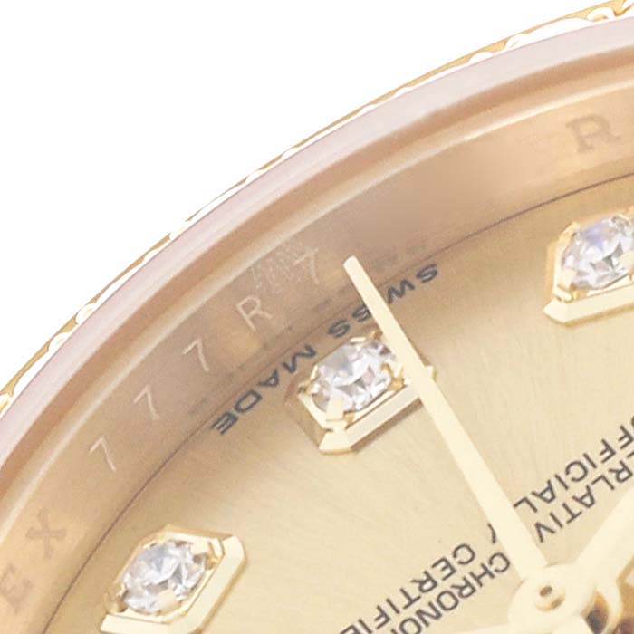 The image shows a close-up of the Rolex President 179138 Women's Yellow Gold Champagne Dial 179138 Women's Yellow Gold Champagne Dial watch face, highlighting the bezel, dial, and diamond hour markers.