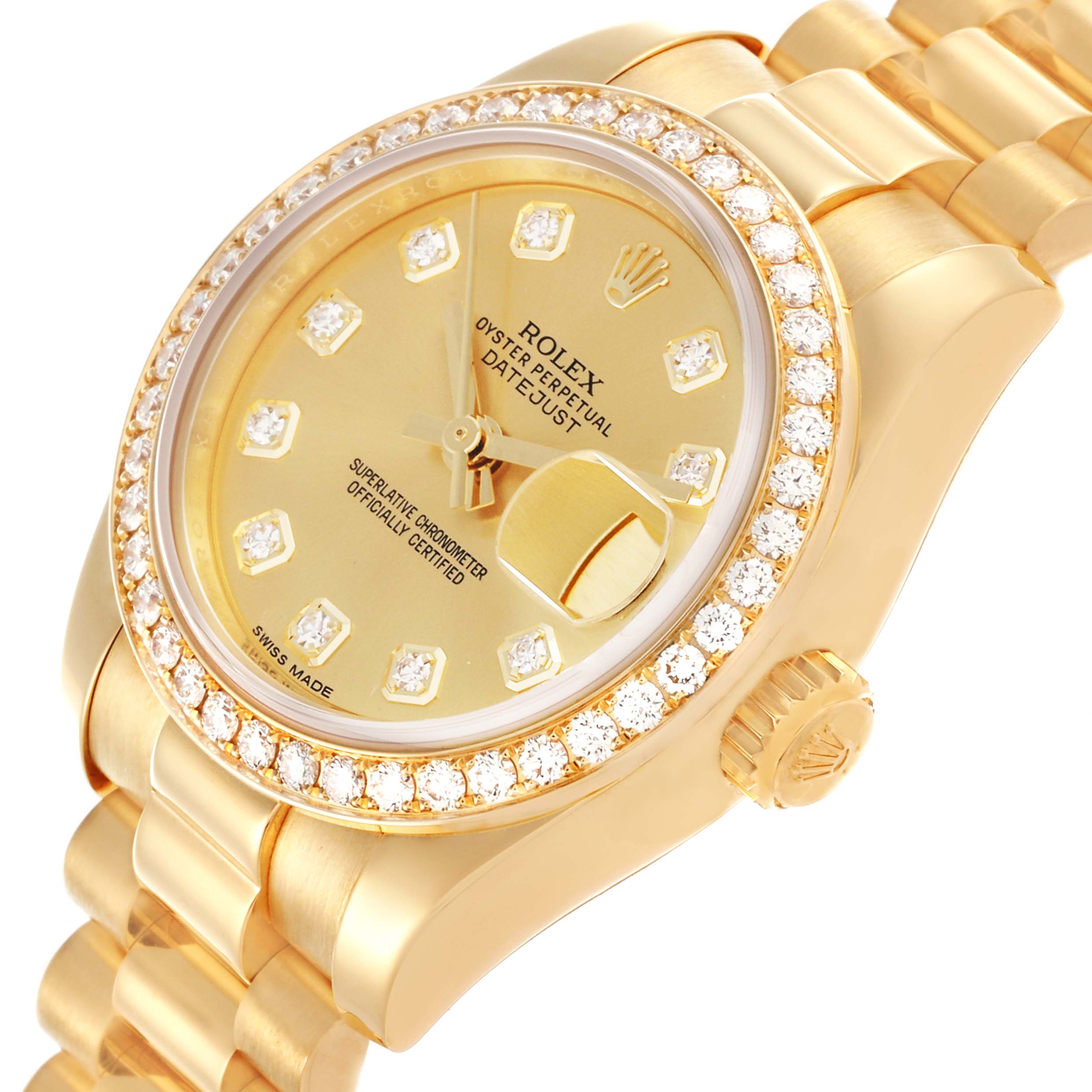 The Rolex President 179138 Women's Yellow Gold Champagne Dial 179138 Women's Yellow Gold Champagne Dial model watch is angled to show the diamond bezel, face, crown, and part of the band.