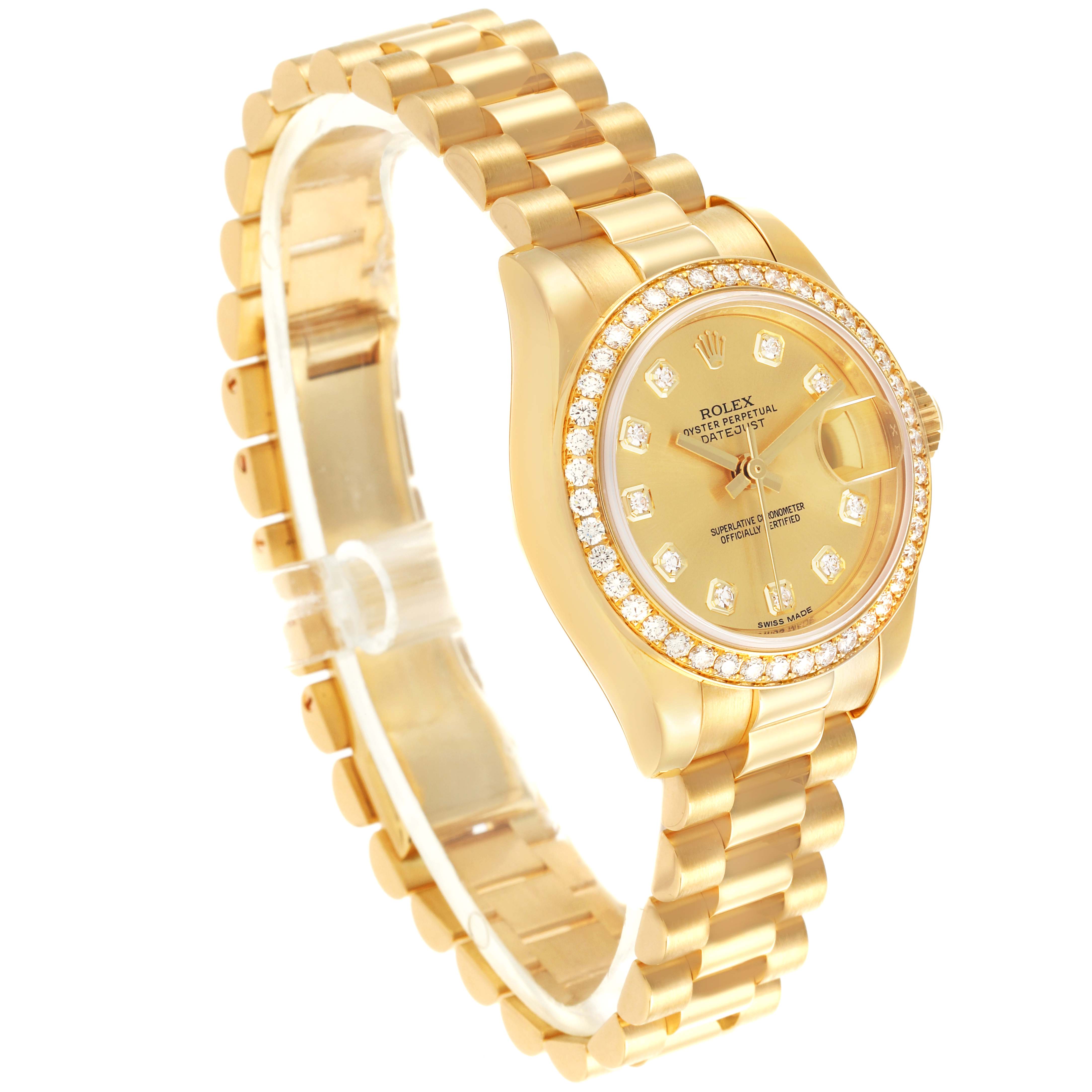 The Rolex President 179138 Women's Yellow Gold Champagne Dial 179138 Women's Yellow Gold Champagne Dial watch is shown at a three-quarter angle, highlighting the dial, bezel, and bracelet.