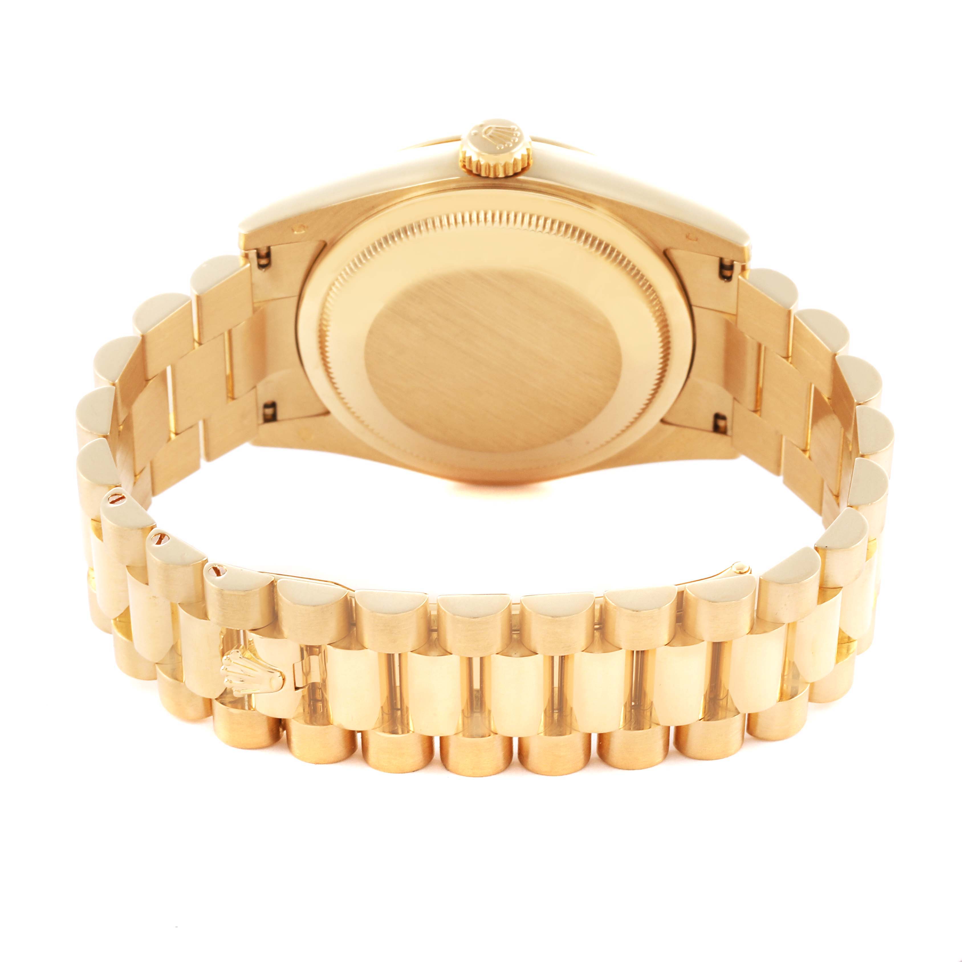 The image shows the back and bracelet of a Rolex President 118338 Men's Yellow Gold Champagne Dial 118338 Men's Yellow Gold Champagne Dial watch, viewed from the rear angle.