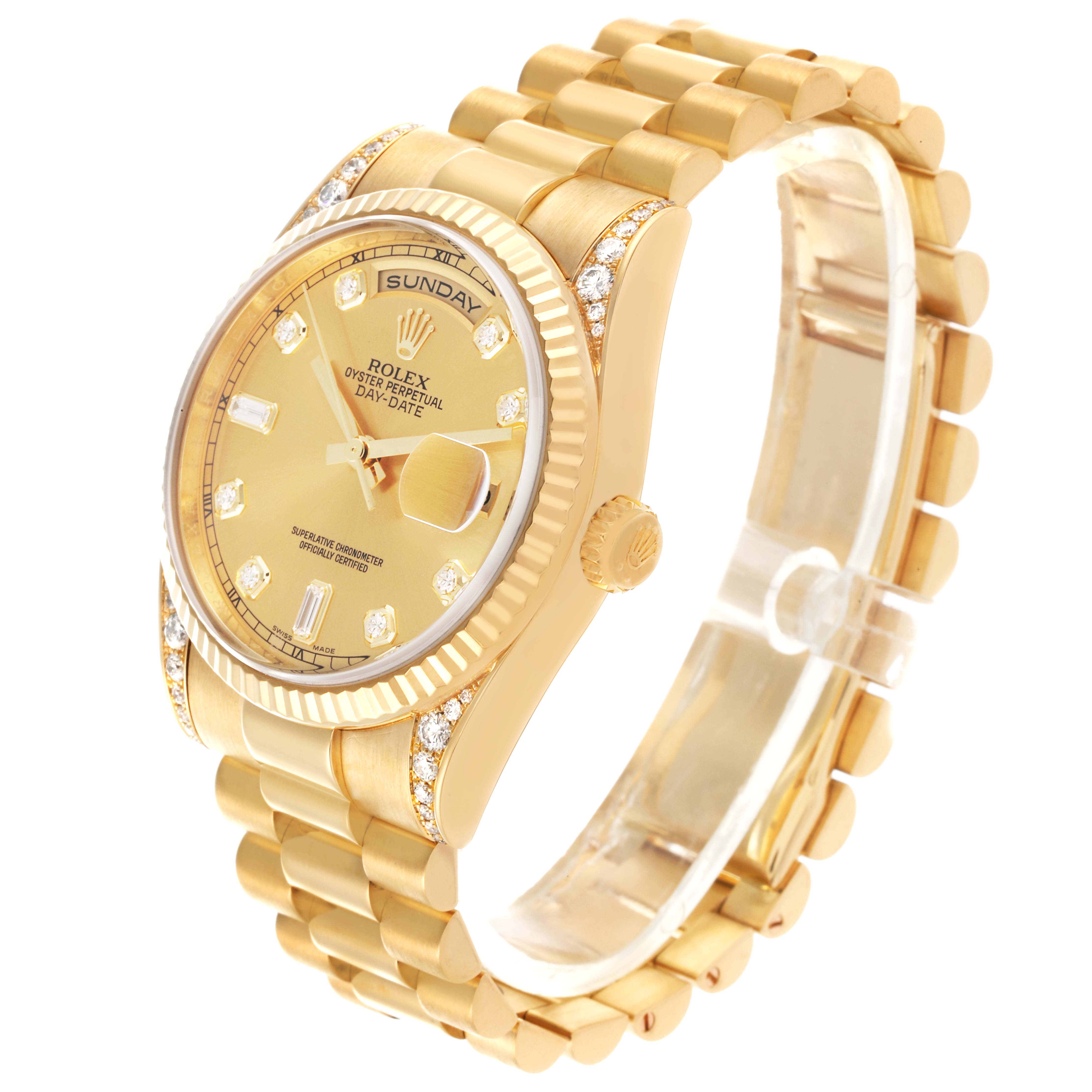 The Rolex President 118338 Men's Yellow Gold Champagne Dial 118338 Men's Yellow Gold Champagne Dial model is shown at a three-quarter angle, displaying the dial, bracelet, and fluted bezel.
