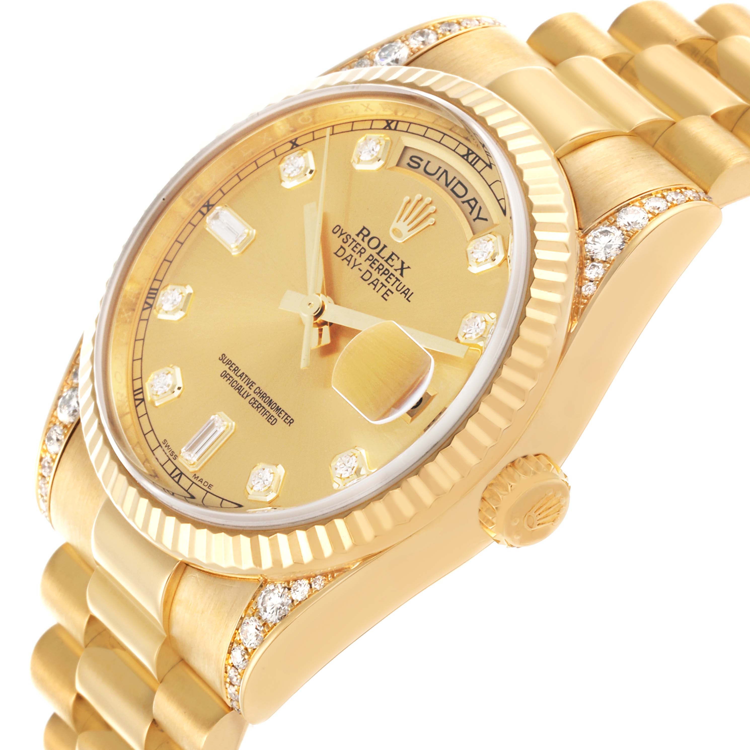 The Rolex President 118338 Men's Yellow Gold Champagne Dial 118338 Men's Yellow Gold Champagne Dial model is shown at an angle highlighting its dial, bezel, crown, and part of the bracelet.