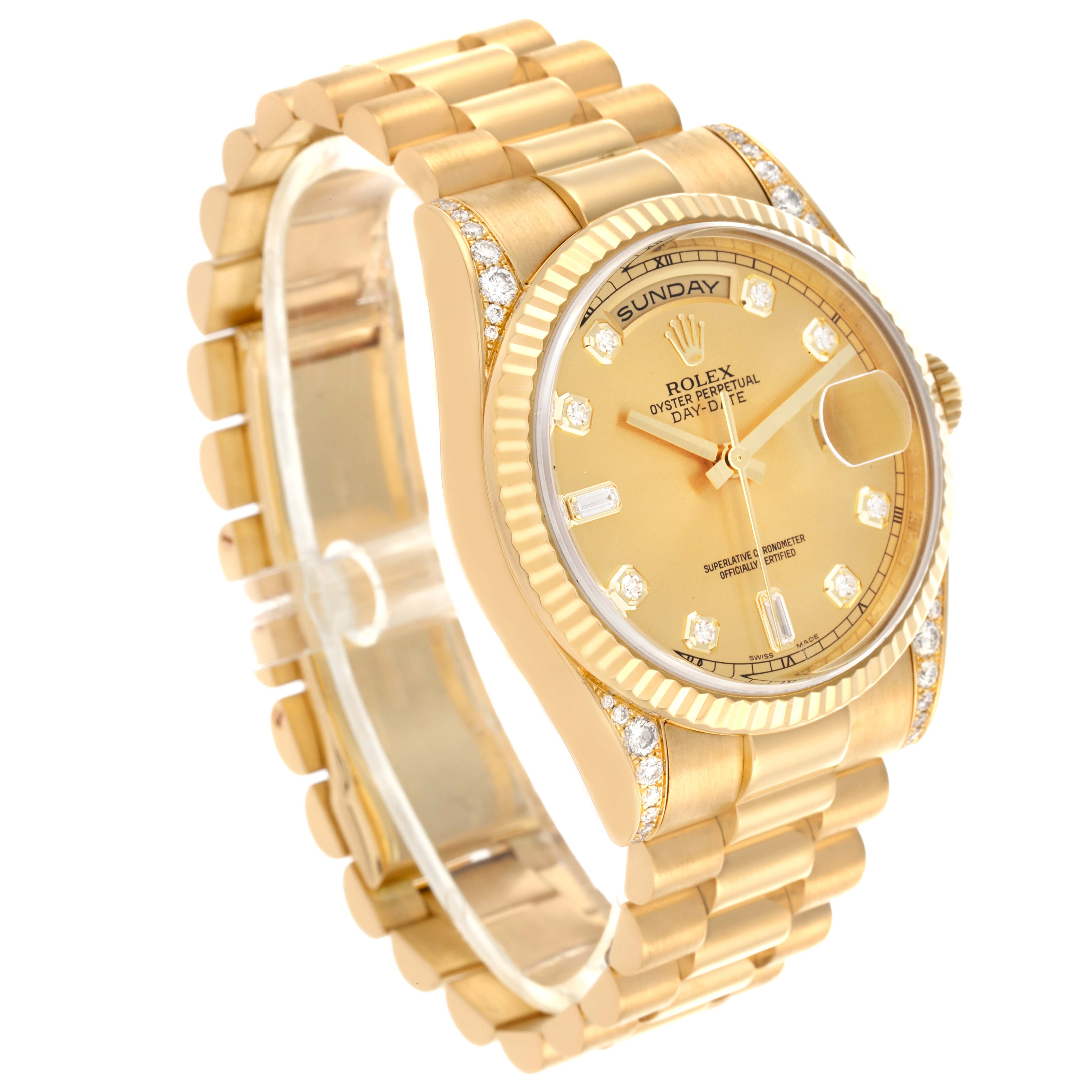 The Rolex President 118338 Men's Yellow Gold Champagne Dial 118338 Men's Yellow Gold Champagne Dial model is shown at a 3/4 angle, highlighting its gold bracelet, fluted bezel, and diamond hour markers.