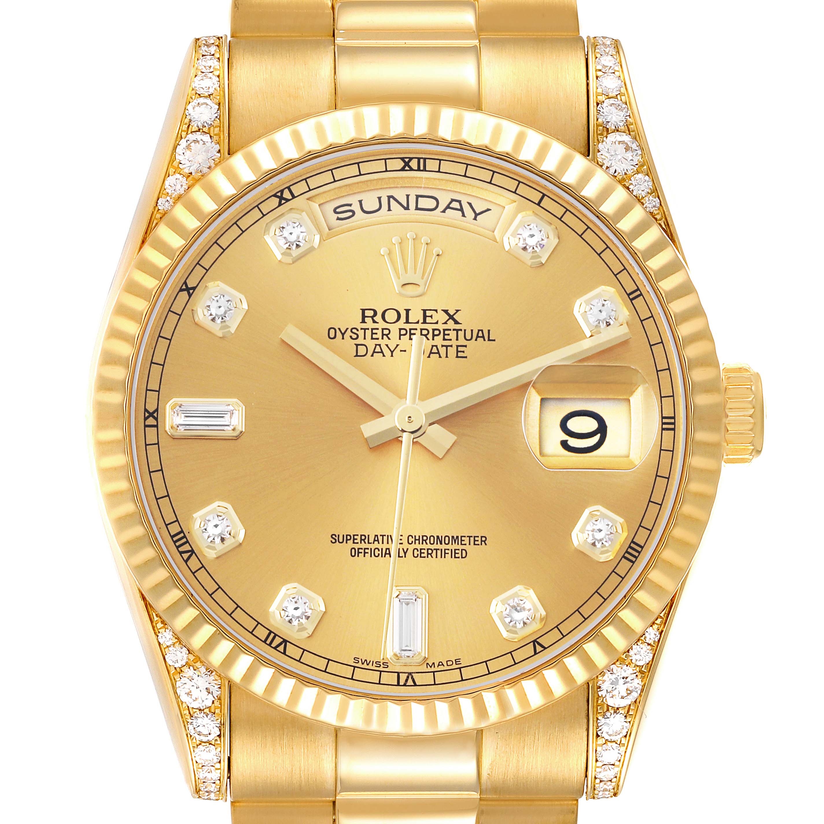 The Rolex President 118338 Men's Yellow Gold Champagne Dial 118338 Men's Yellow Gold Champagne Dial model is shown from the front, displaying the dial, bezel, and part of the bracelet.