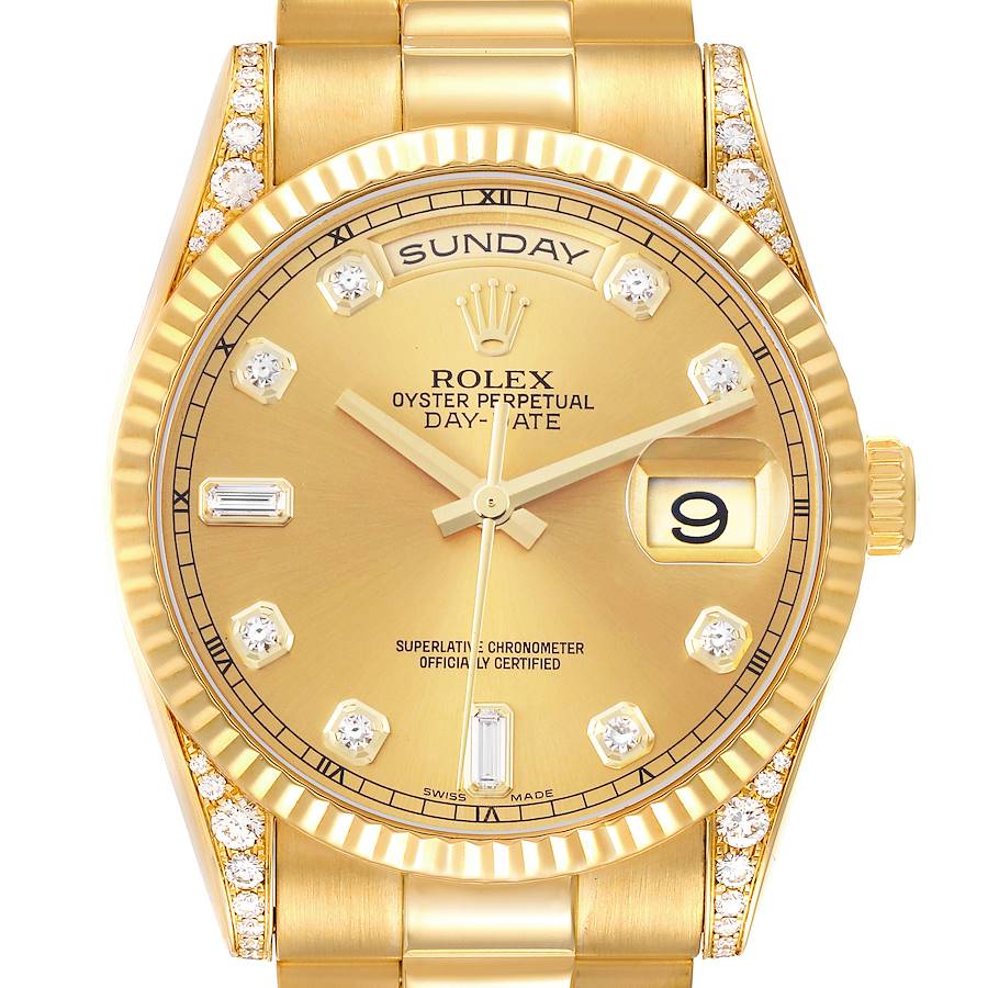 The Rolex President model is shown from the front, displaying the dial, bezel, and part of the bracelet.