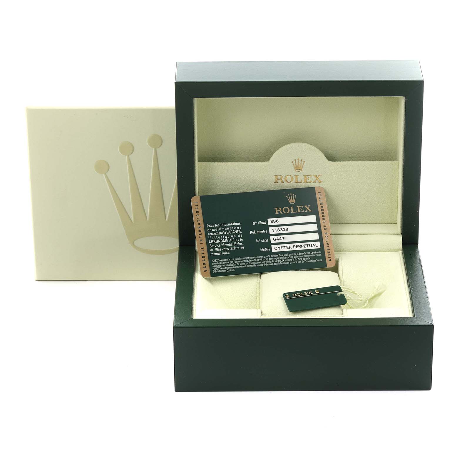 The image shows a Rolex President 118338 Men's Yellow Gold Champagne Dial 118338 Men's Yellow Gold Champagne Dial model's box, warranty card, and tag accessories.