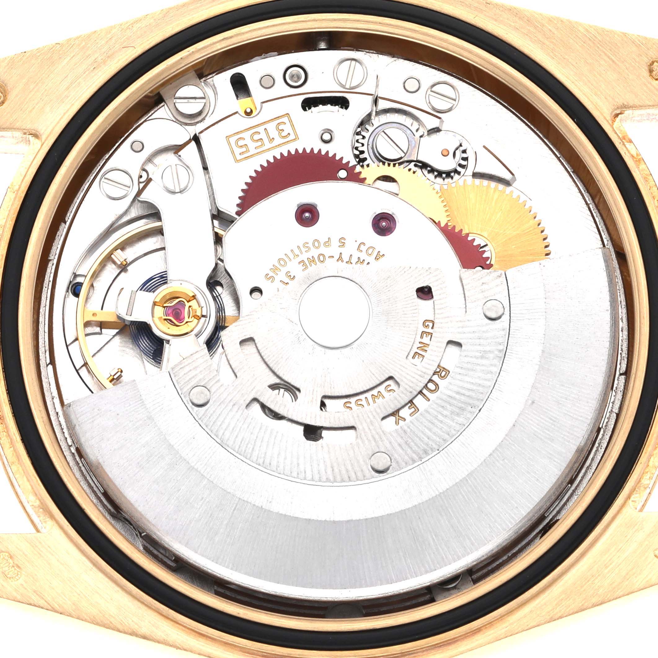 The image shows the internal movement of a Rolex President 118338 Men's Yellow Gold Champagne Dial 118338 Men's Yellow Gold Champagne Dial model watch from a top-down angle.