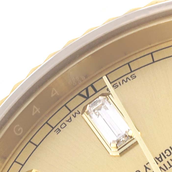The image shows a close-up of the Rolex President 118338 Men's Yellow Gold Champagne Dial 118338 Men's Yellow Gold Champagne Dial model, focusing on the dial and diamond marker at the VI position.