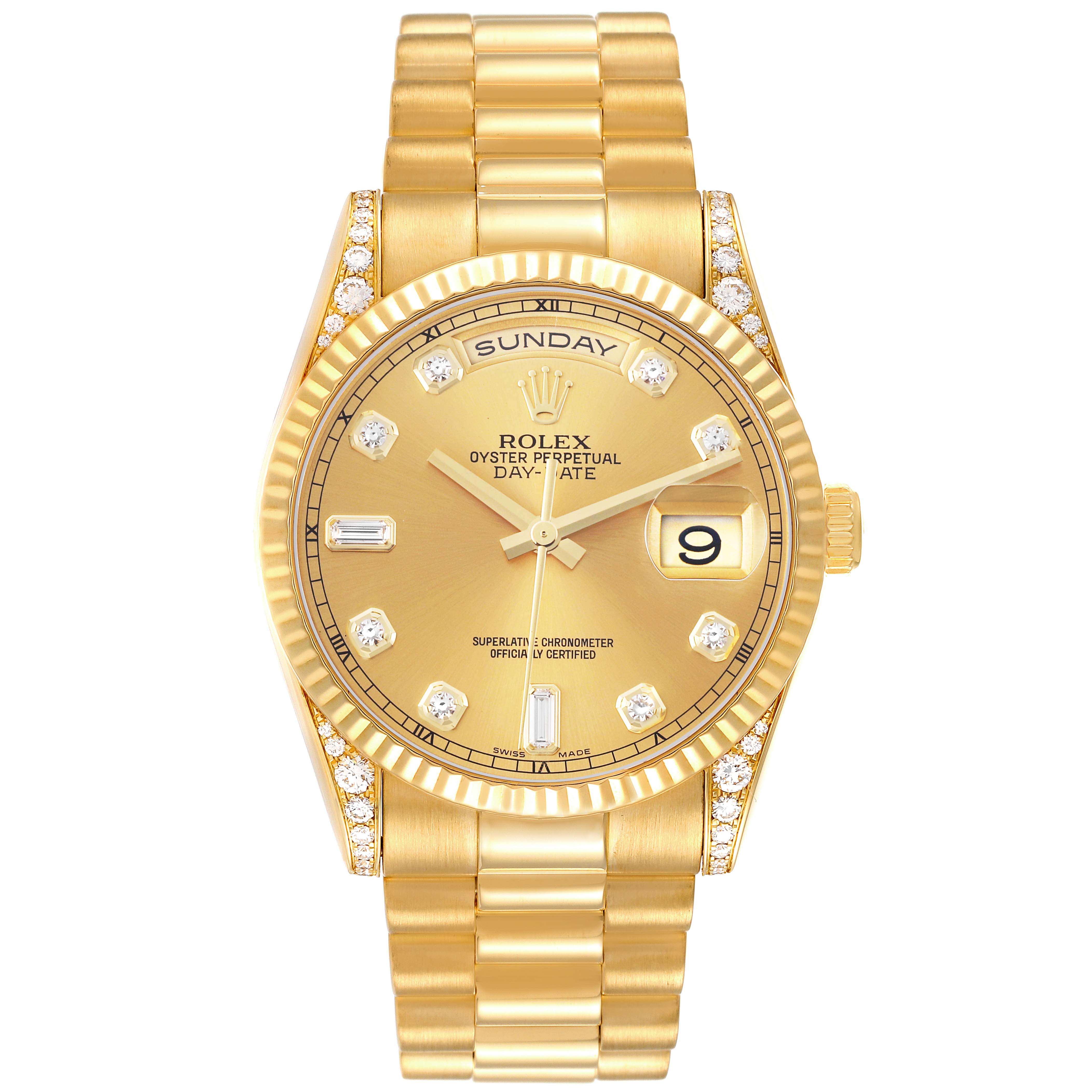 The Rolex President 118338 Men's Yellow Gold Champagne Dial 118338 Men's Yellow Gold Champagne Dial model is shown from a top view, displaying the dial, bezel, and full bracelet.