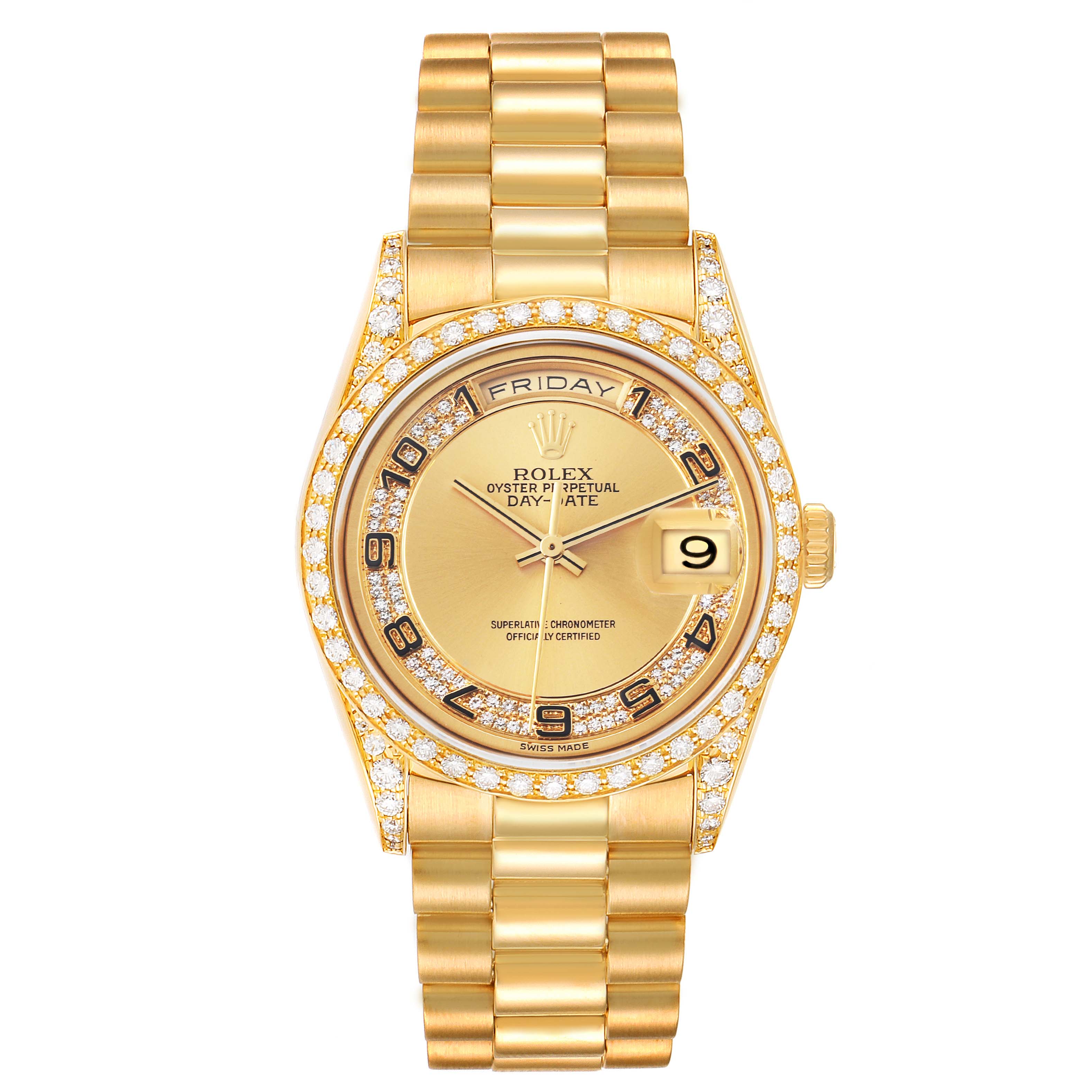 The Rolex President 18388 Men's Yellow Gold Champagne Dial 18388 Men's Yellow Gold Champagne Dial model is shown from the front, displaying the dial, bezel, and bracelet.