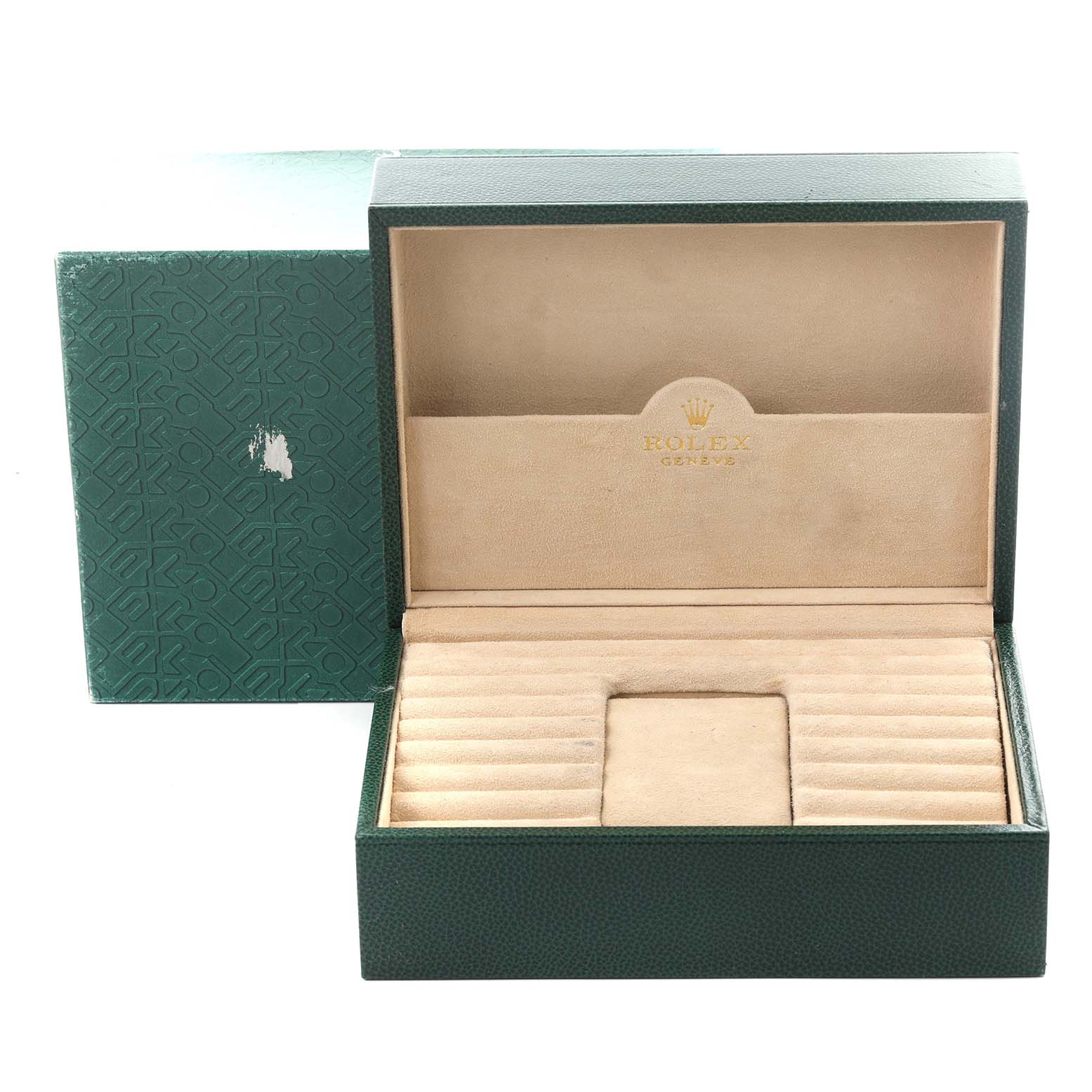 The image shows an open Rolex President 18388 Men's Yellow Gold Champagne Dial 18388 Men's Yellow Gold Champagne Dial model watch box with its interior and exterior packaging.