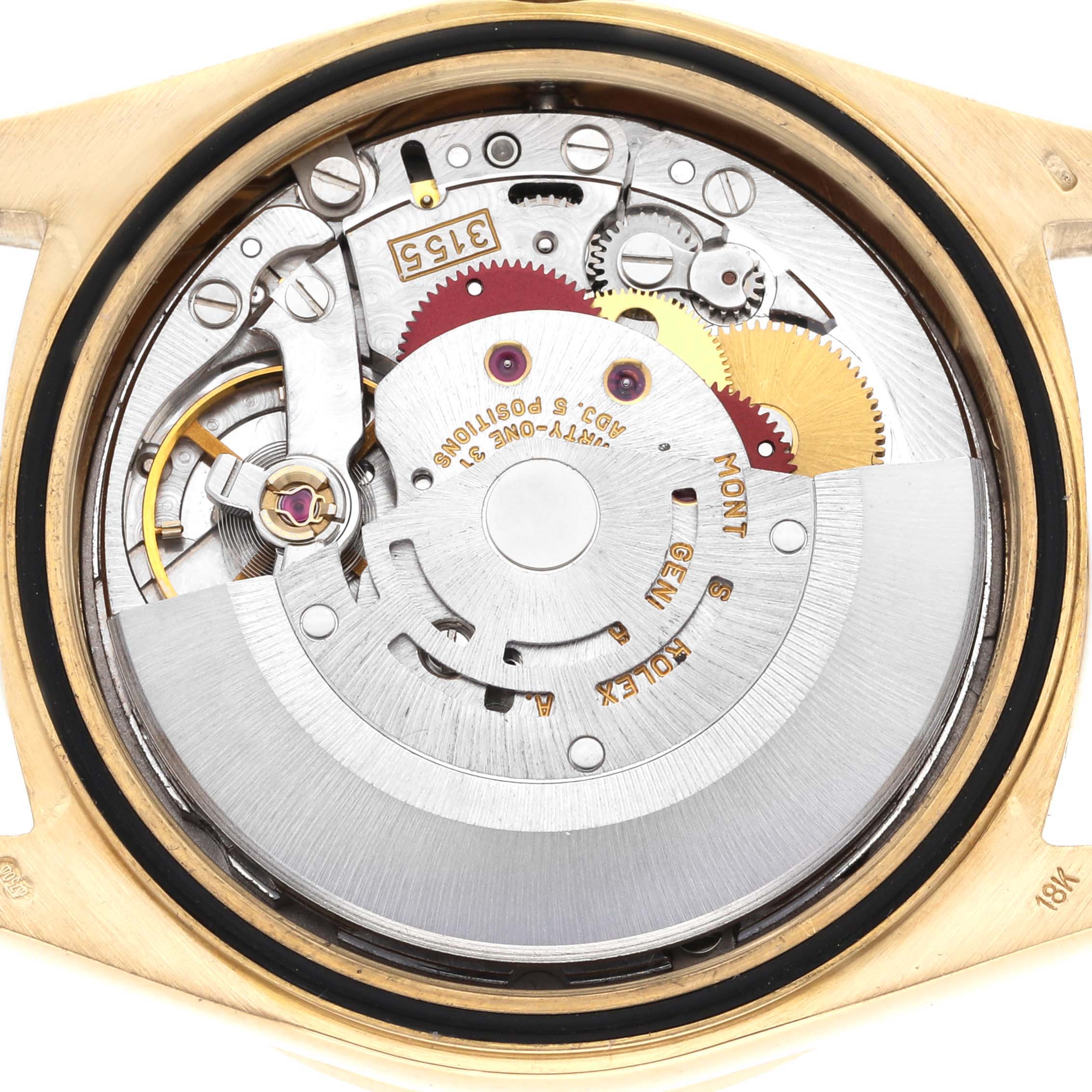 The image shows the internal mechanism of a Rolex President 18388 Men's Yellow Gold Champagne Dial 18388 Men's Yellow Gold Champagne Dial model watch from a top-down angle.