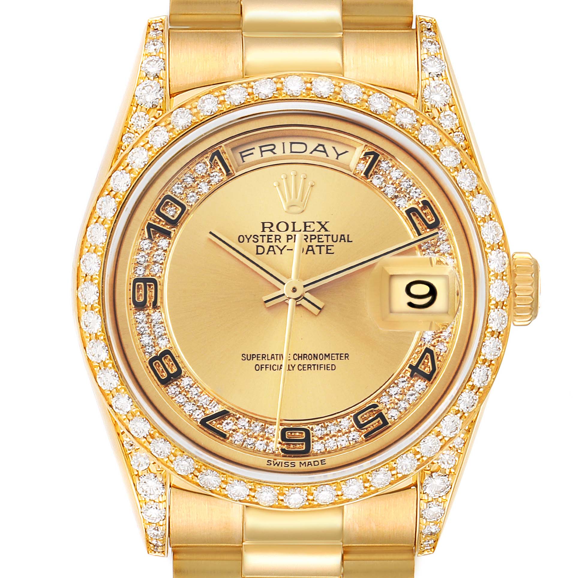 The image shows a front view of the Rolex President 18388 Men's Yellow Gold Champagne Dial 18388 Men's Yellow Gold Champagne Dial model, featuring its gold dial, diamond bezel, and bracelet.