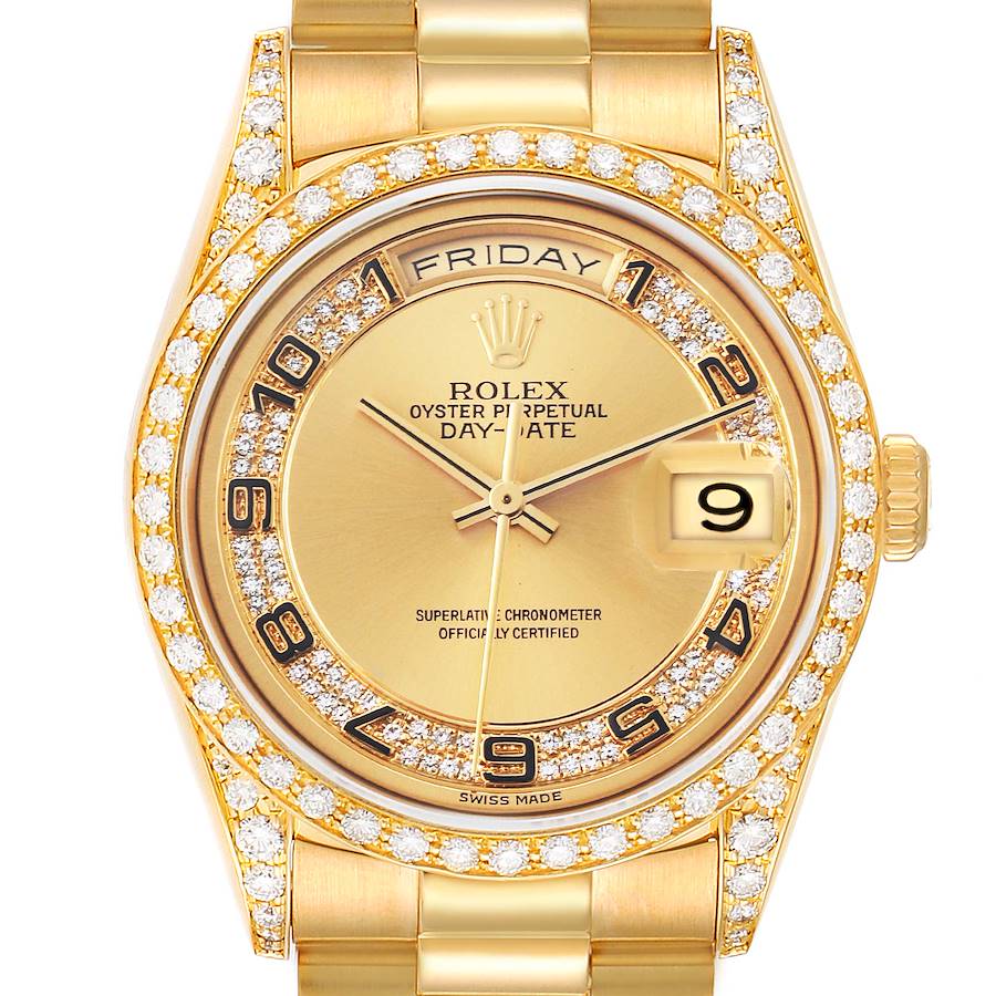 The image shows a front view of the Rolex President model, featuring its gold dial, diamond bezel, and bracelet.