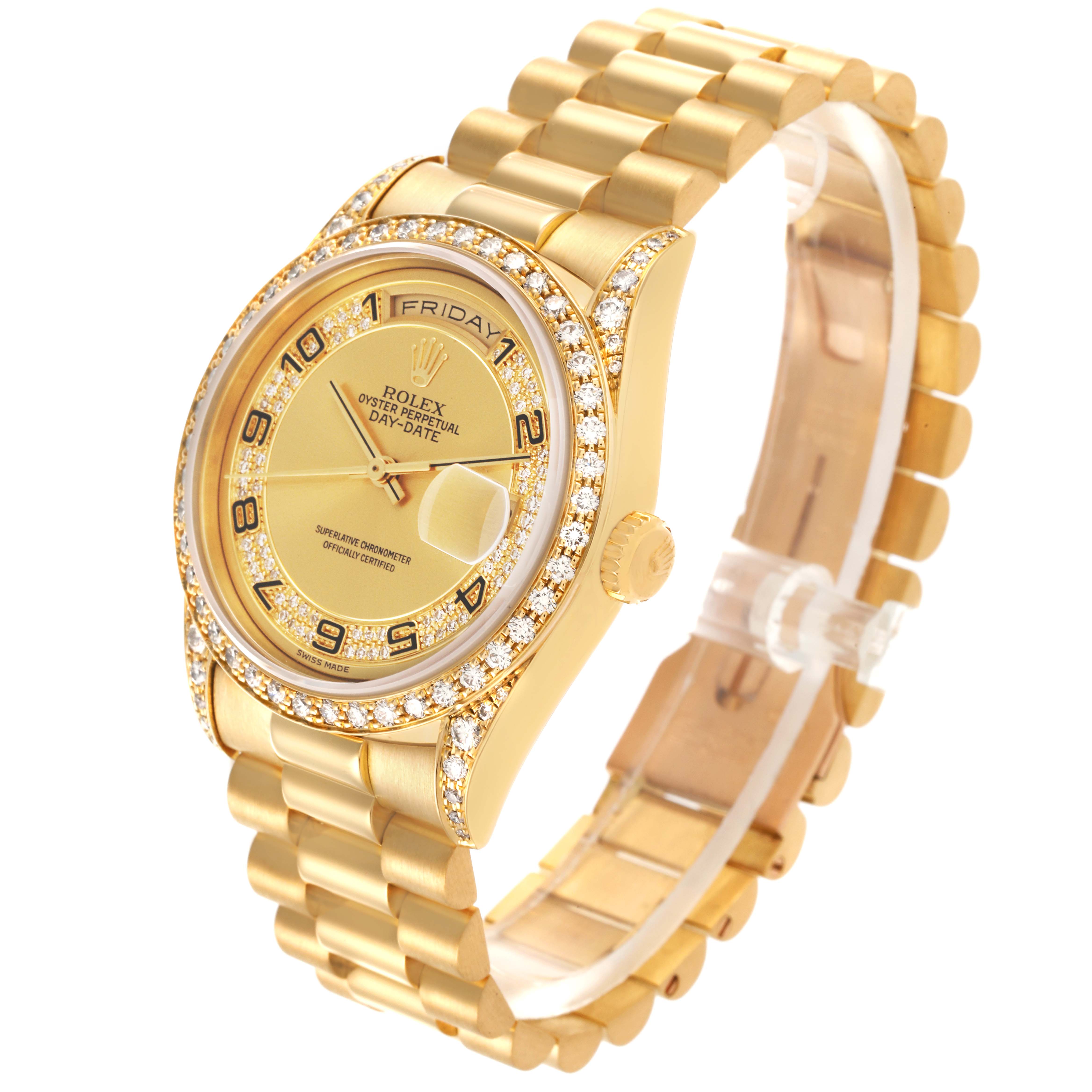 The Rolex President 18388 Men's Yellow Gold Champagne Dial 18388 Men's Yellow Gold Champagne Dial model is shown at a three-quarter angle, displaying the gold dial, diamond bezel, and bracelet.