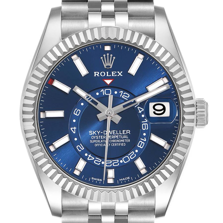 The Rolex Sky-Dweller 326934 Men's Stainless Steel Blue Dial watch is shown from a front angle, highlighting its blue dial, bezel, and part of the bracelet.