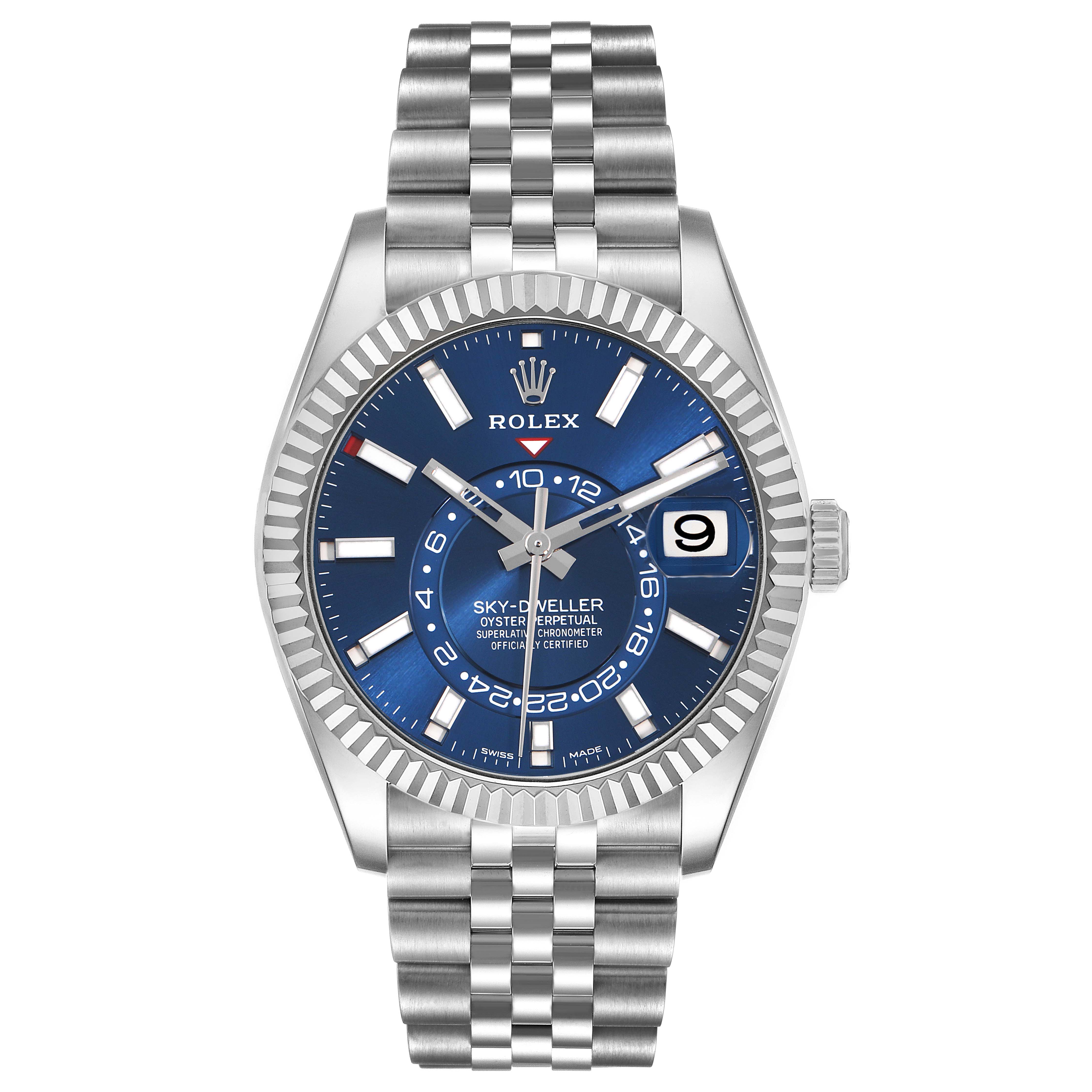The Rolex Sky-Dweller 326934 Men's Stainless Steel Blue Dial watch is shown from the front, highlighting the dial, bezel, case, and bracelet.