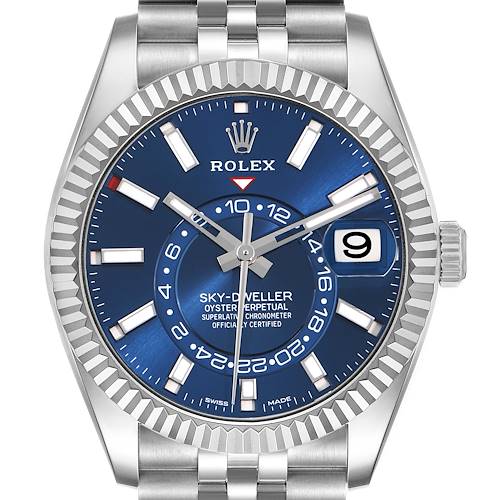 The Rolex Sky-Dweller 326934 Men's Stainless Steel Blue Dial watch is shown from the front, highlighting its face, bezel, and part of the bracelet.