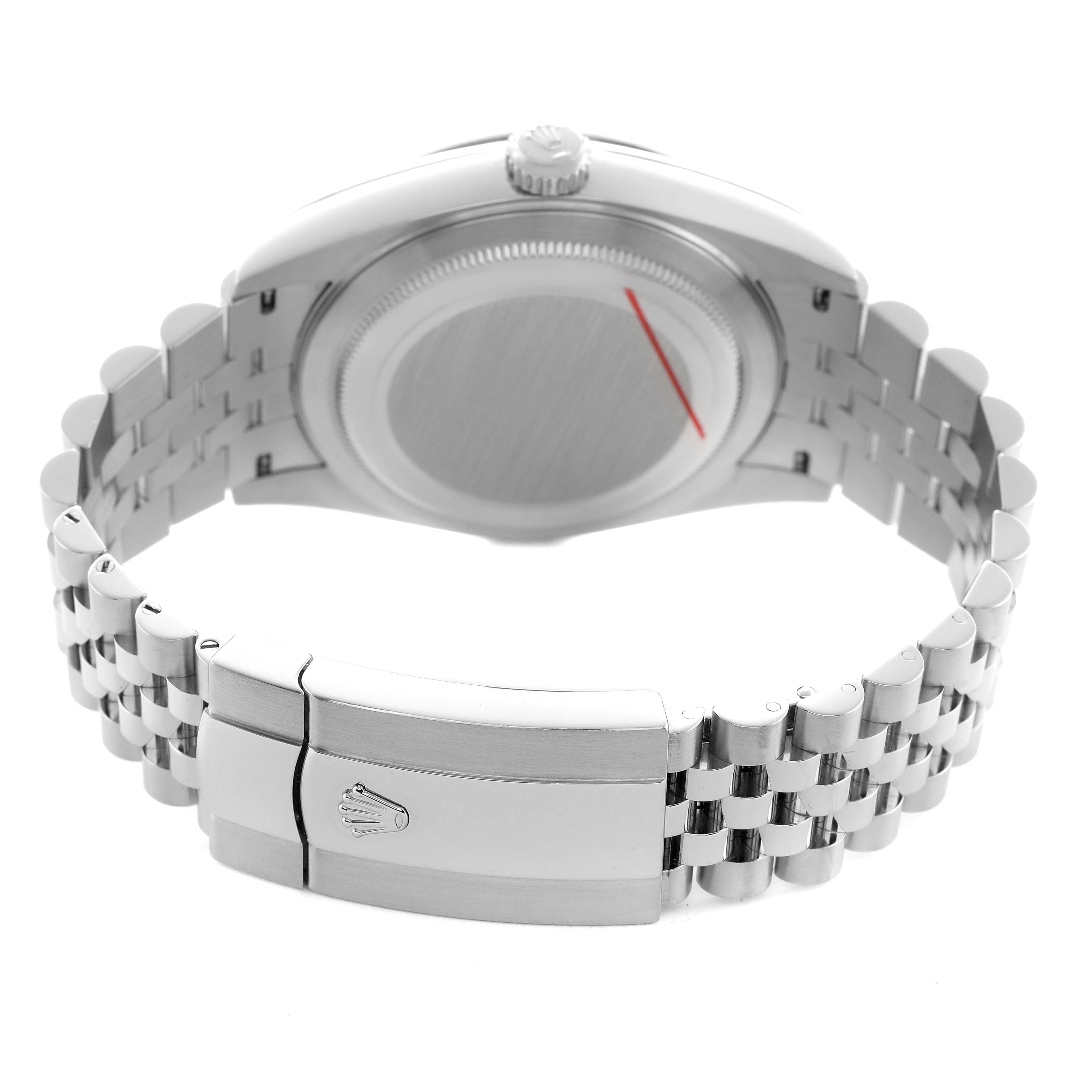 The Rolex Sky-Dweller 326934 Men's Stainless Steel Blue Dial is shown from the back, displaying the case back, crown, and metal bracelet with the clasp visible.